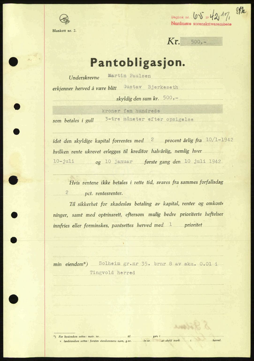 Nordmøre sorenskriveri, AV/SAT-A-4132/1/2/2Ca: Mortgage book no. B88, 1941-1942, Diary no: : 65/1942