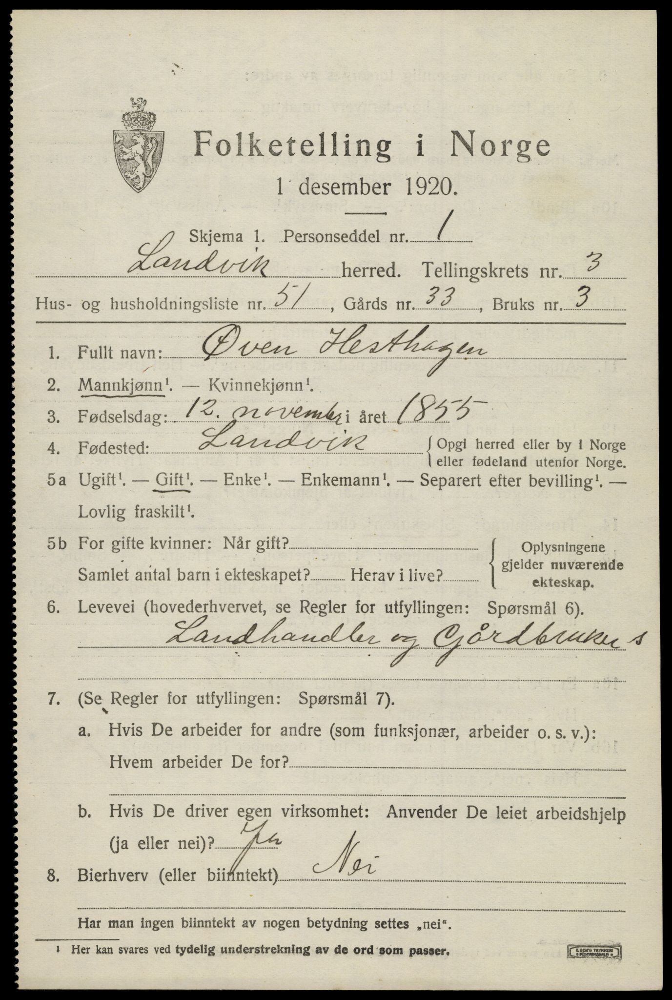 SAK, 1920 census for Landvik, 1920, p. 3390