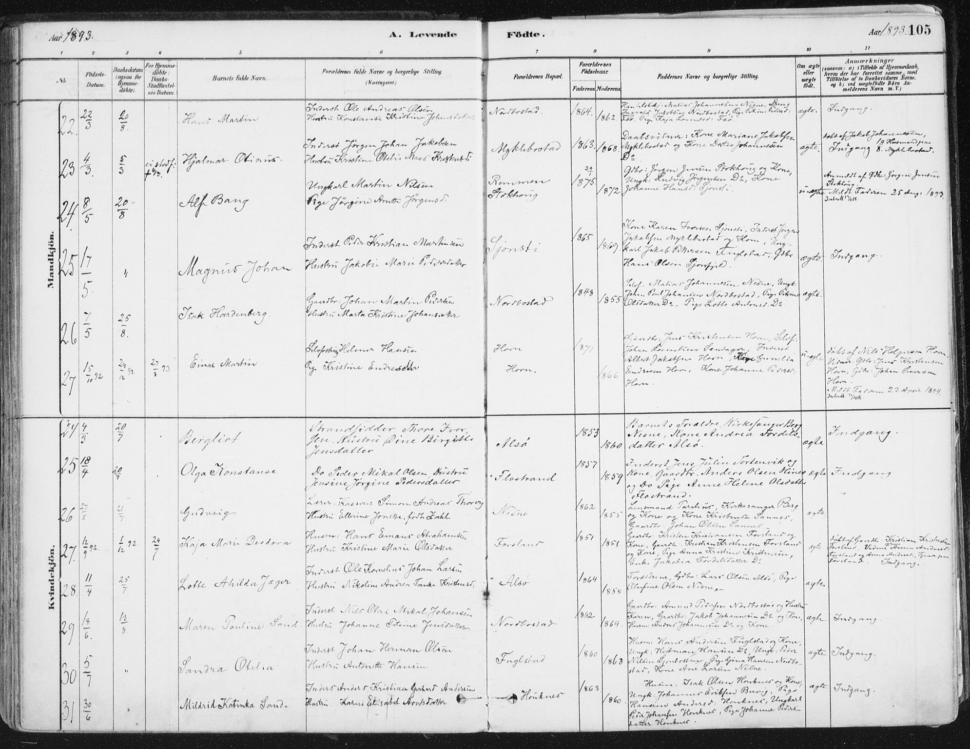 Ministerialprotokoller, klokkerbøker og fødselsregistre - Nordland, AV/SAT-A-1459/838/L0552: Parish register (official) no. 838A10, 1880-1910, p. 105