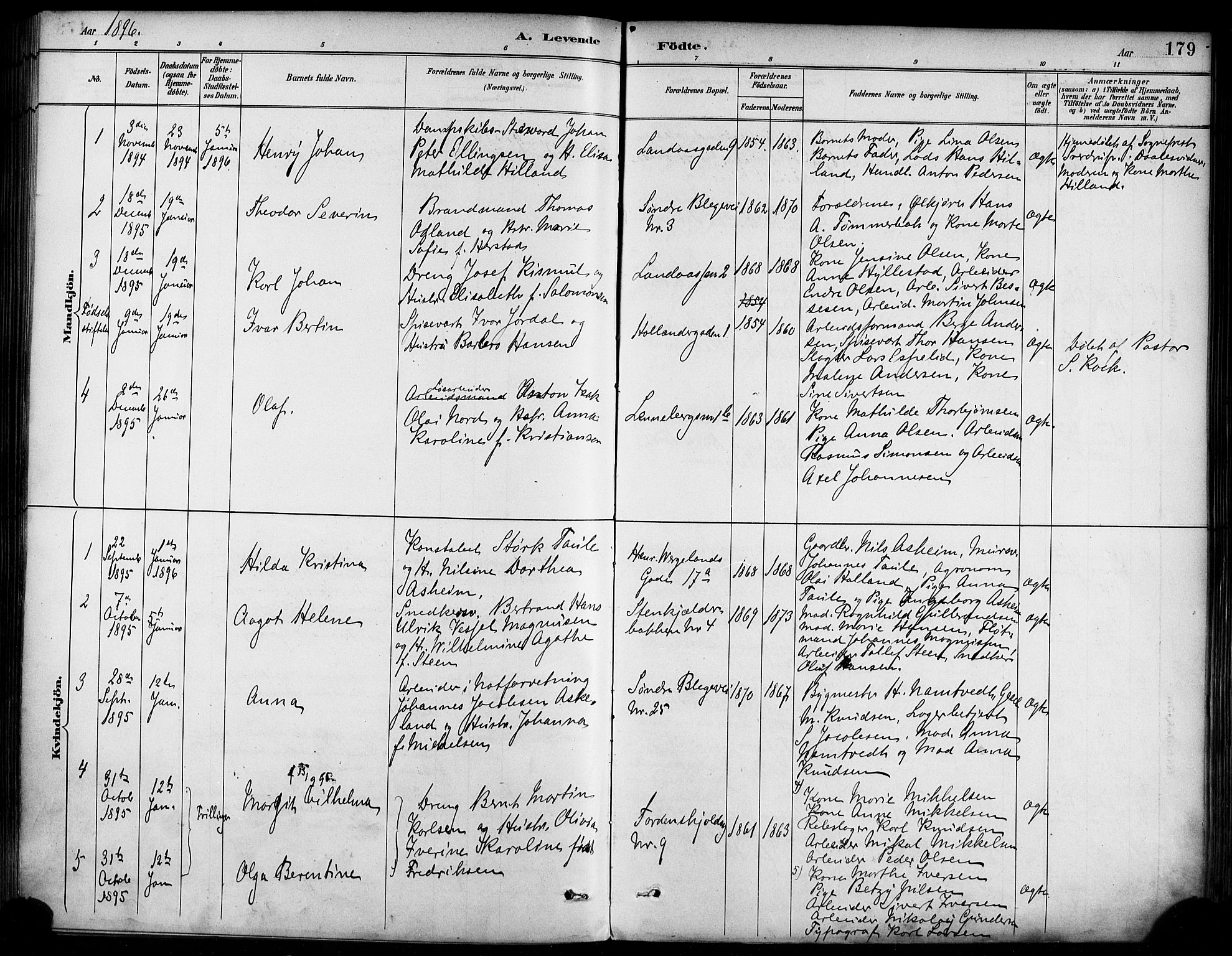 Korskirken sokneprestembete, AV/SAB-A-76101/H/Haa/L0022: Parish register (official) no. B 8, 1889-1899, p. 179