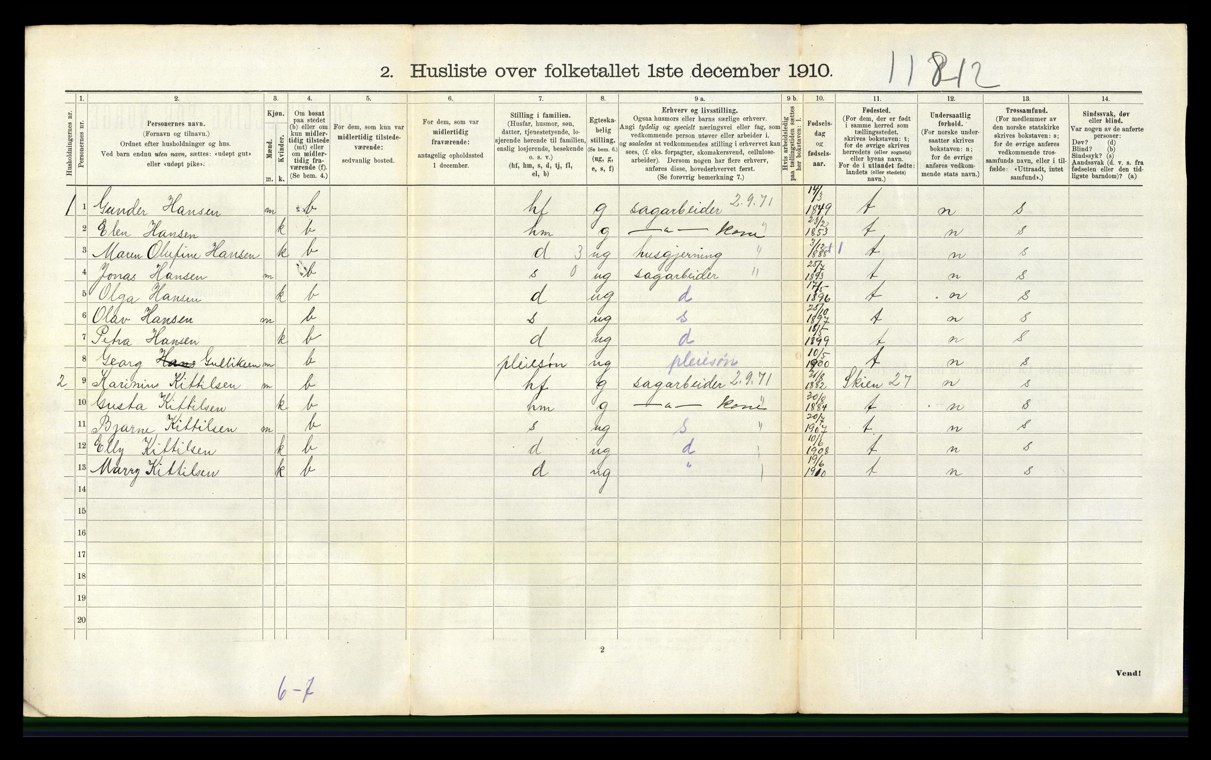 RA, 1910 census for Gjerpen, 1910, p. 1458