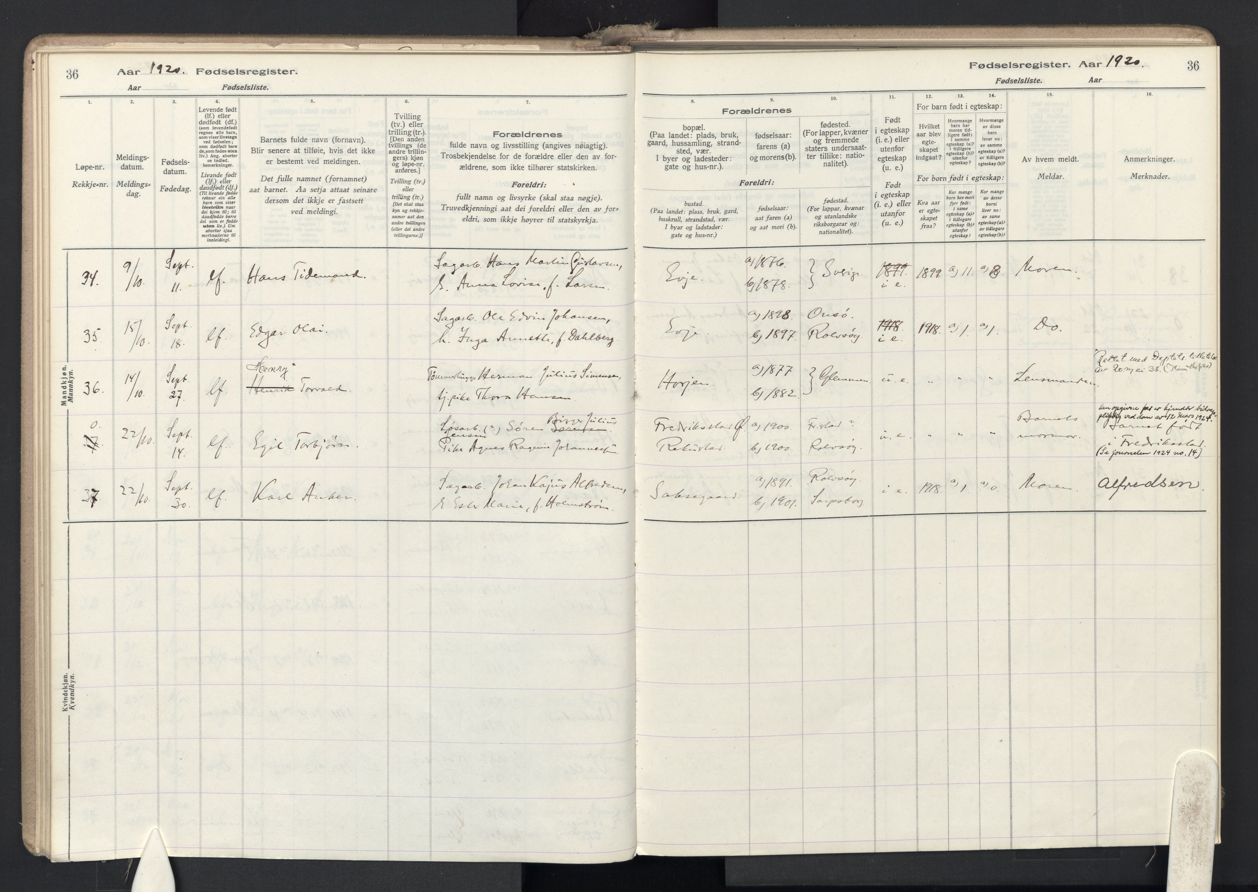 Rolvsøy prestekontor Kirkebøker, AV/SAO-A-2004/J/Ja/L0001: Birth register no. 1, 1916-1946, p. 36