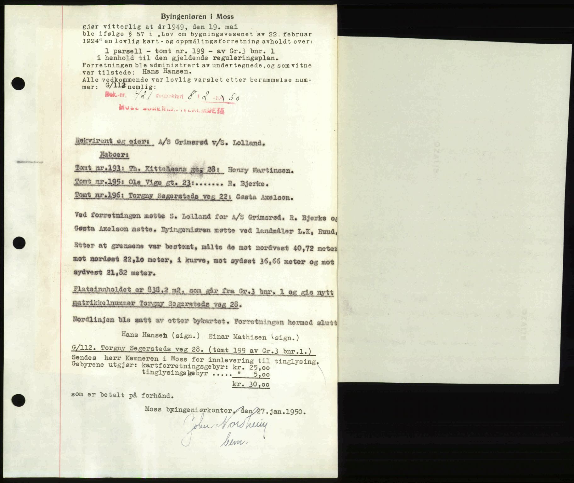 Moss sorenskriveri, SAO/A-10168: Mortgage book no. A25, 1950-1950, Diary no: : 421/1950