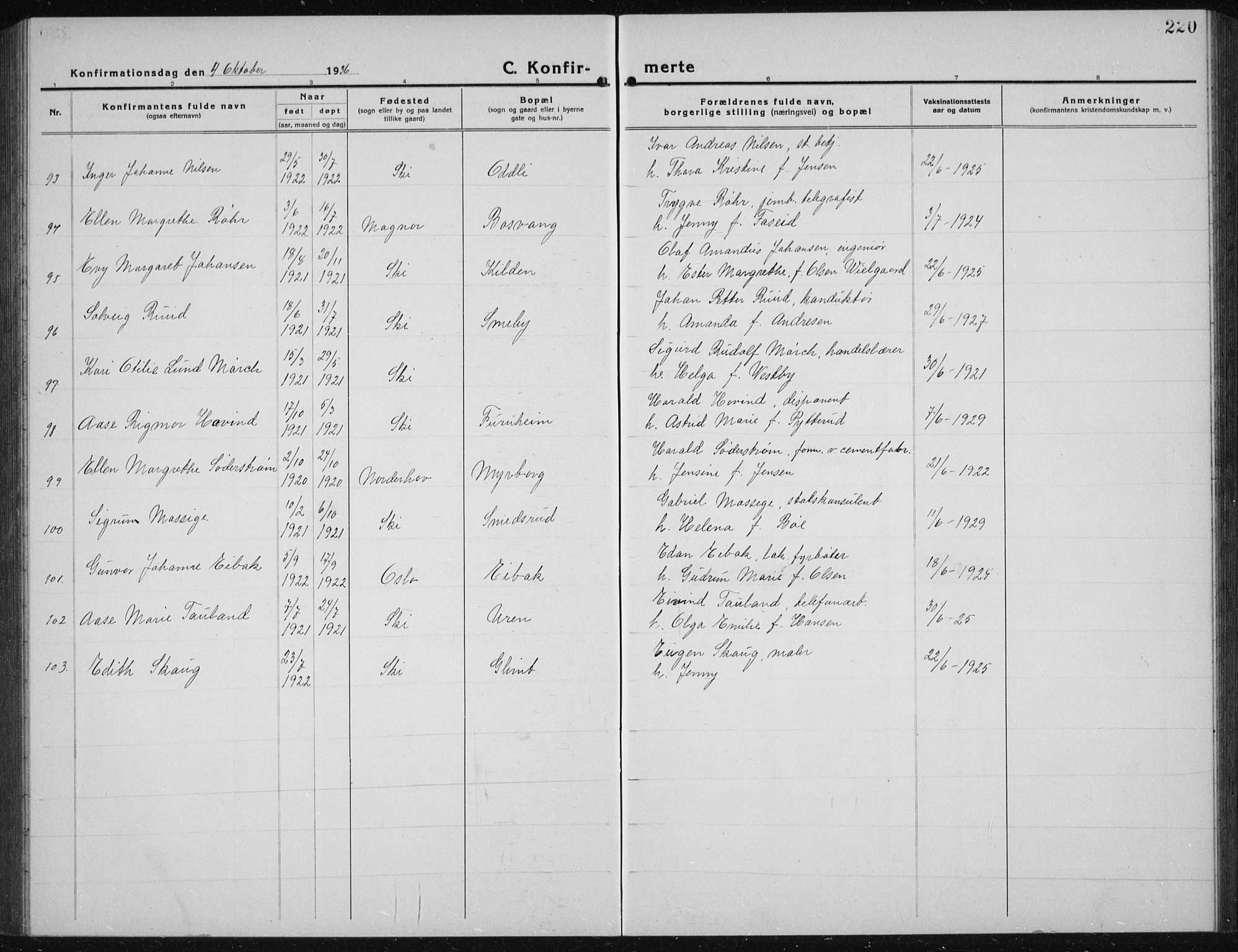 Kråkstad prestekontor Kirkebøker, SAO/A-10125a/G/Gb/L0002: Parish register (copy) no. II 2, 1921-1941, p. 220