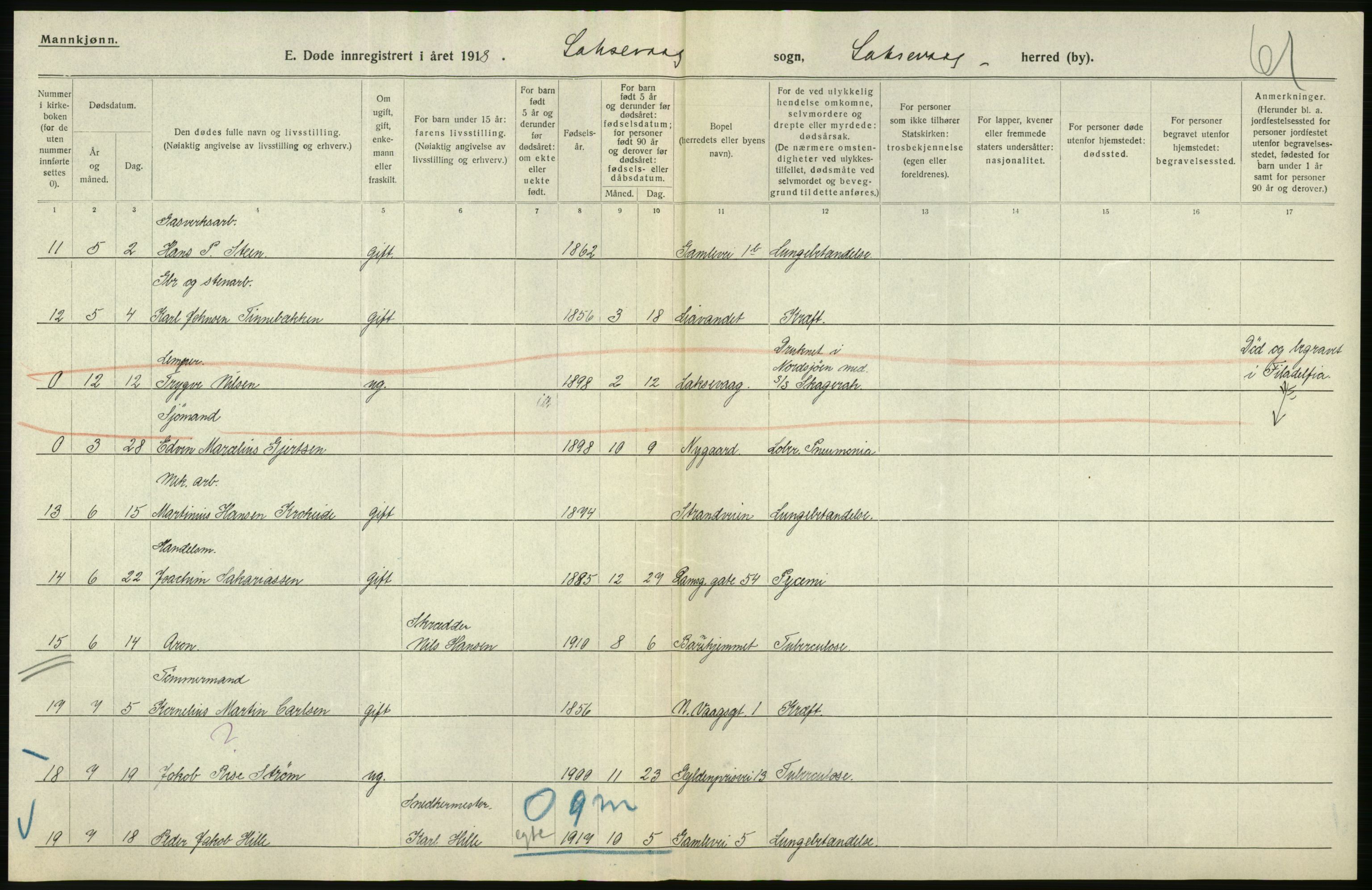 Statistisk sentralbyrå, Sosiodemografiske emner, Befolkning, AV/RA-S-2228/D/Df/Dfb/Dfbh/L0036: Hordaland fylke: Døde., 1918, p. 194