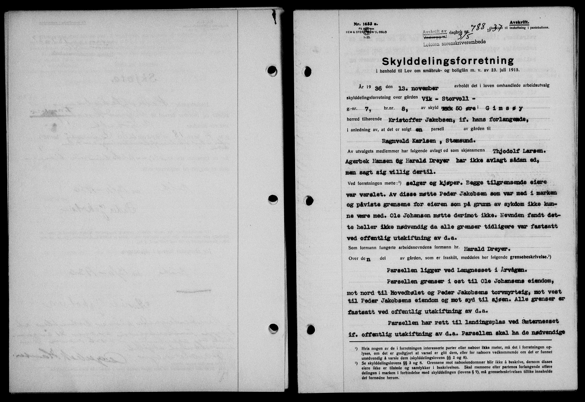 Lofoten sorenskriveri, SAT/A-0017/1/2/2C/L0002a: Mortgage book no. 2a, 1937-1937, Diary no: : 788/1937