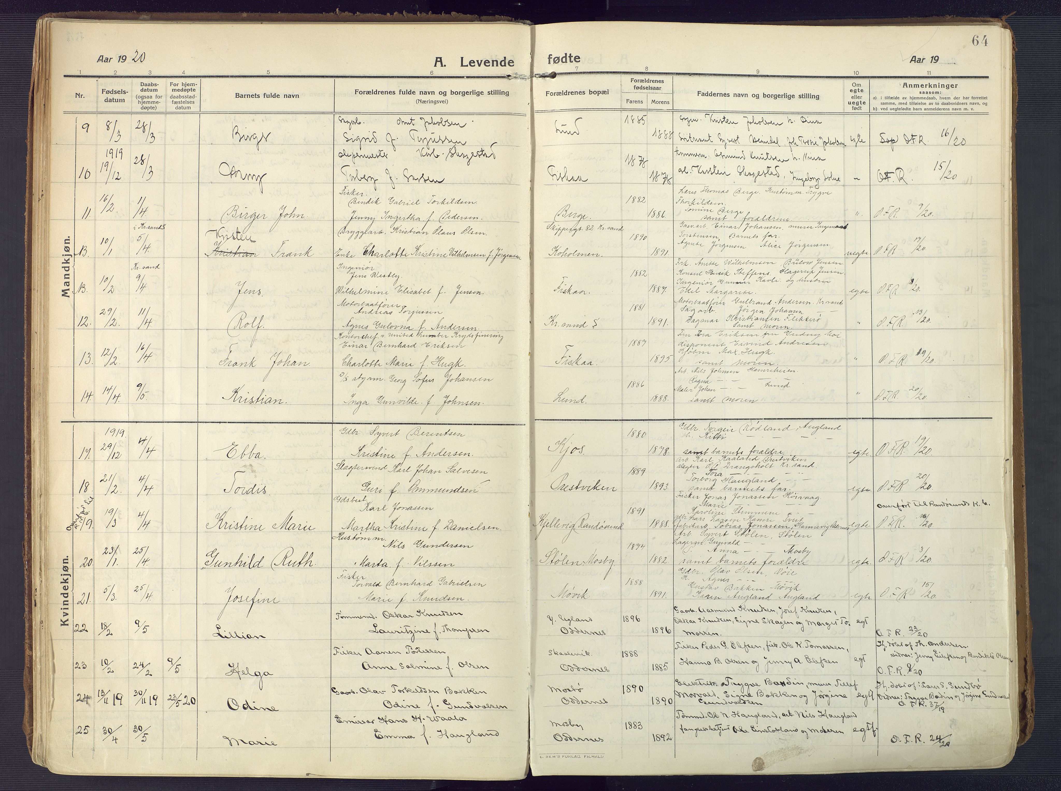 Oddernes sokneprestkontor, AV/SAK-1111-0033/F/Fa/Faa/L0012: Parish register (official) no. A 12, 1912-1925, p. 64