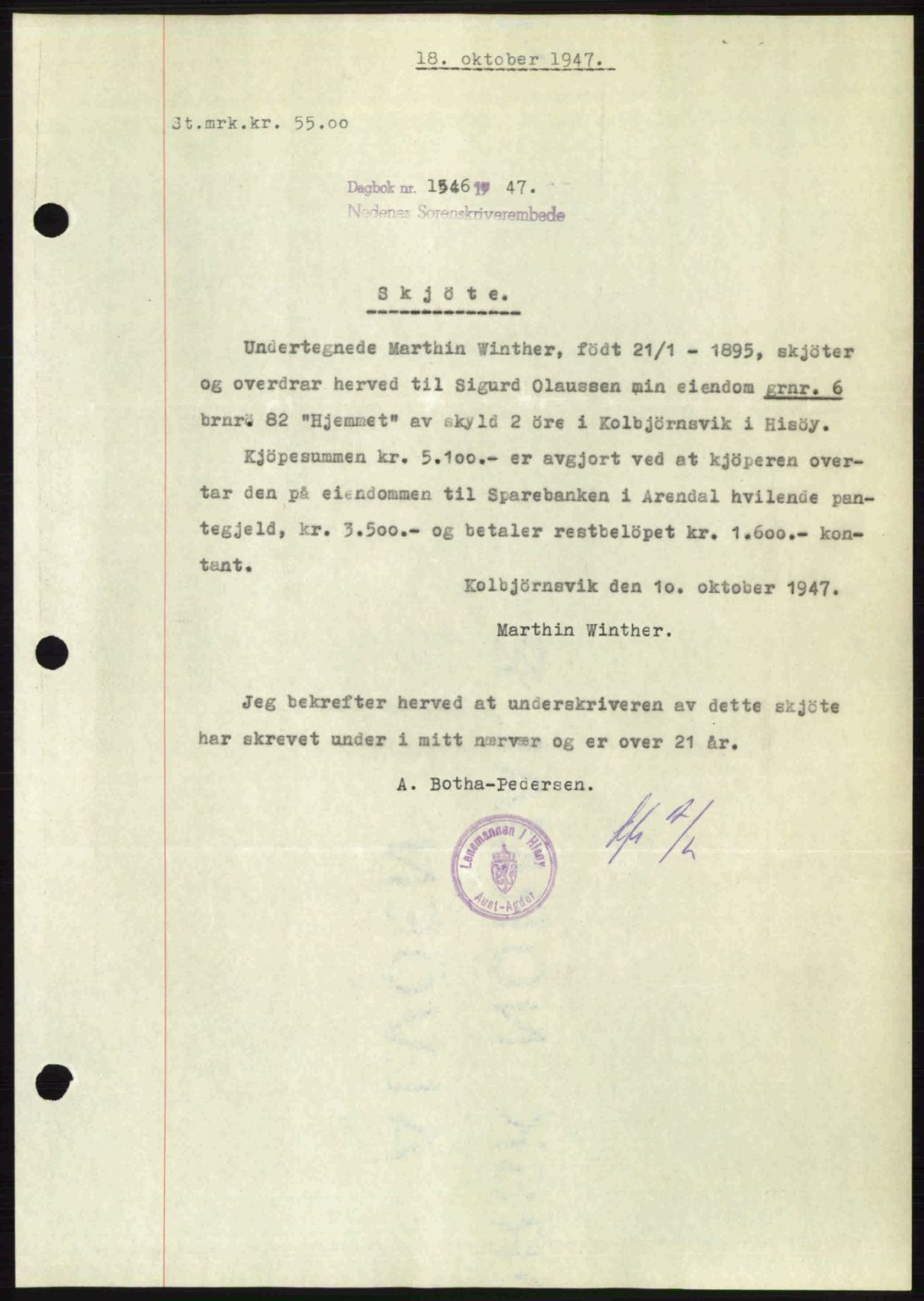 Nedenes sorenskriveri, SAK/1221-0006/G/Gb/Gba/L0058: Mortgage book no. A10, 1947-1948, Diary no: : 1546/1947