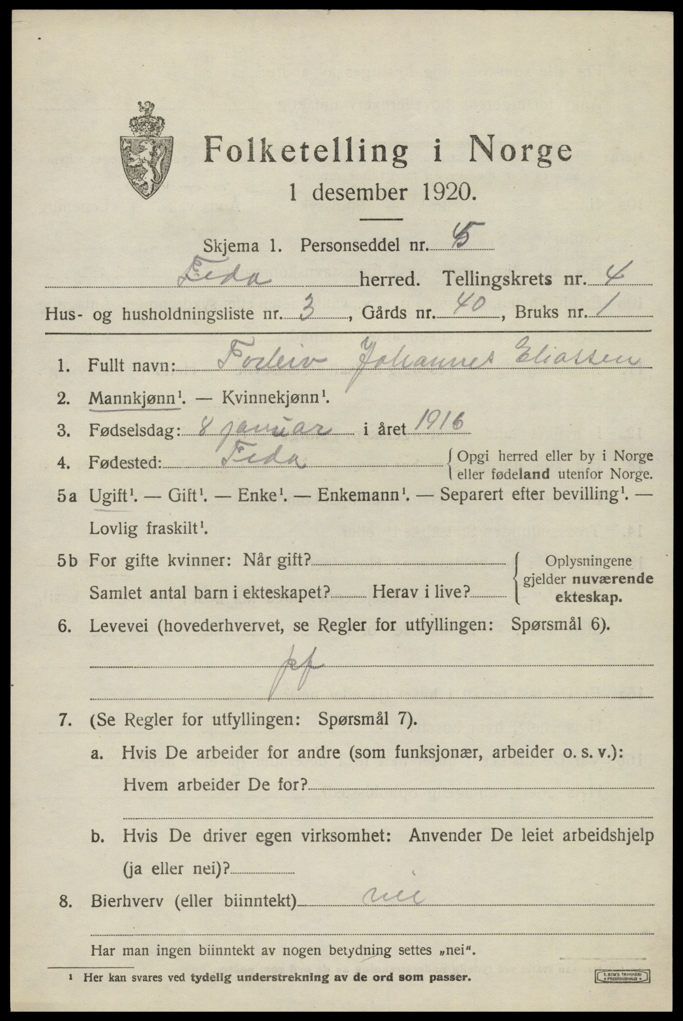 SAK, 1920 census for Feda, 1920, p. 1855