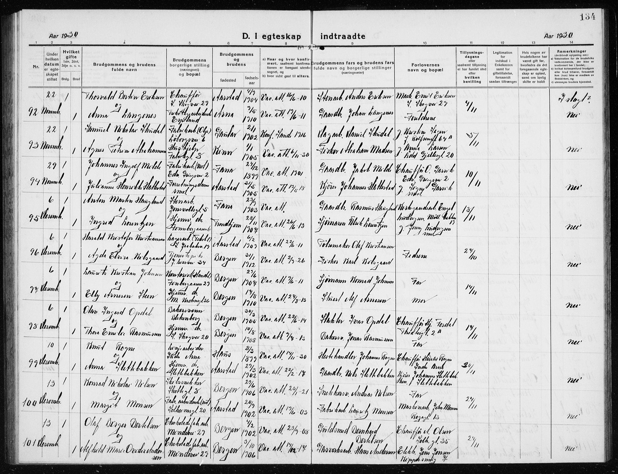 Årstad Sokneprestembete, AV/SAB-A-79301/H/Hab/L0020: Parish register (copy) no. C  2, 1920-1935, p. 134