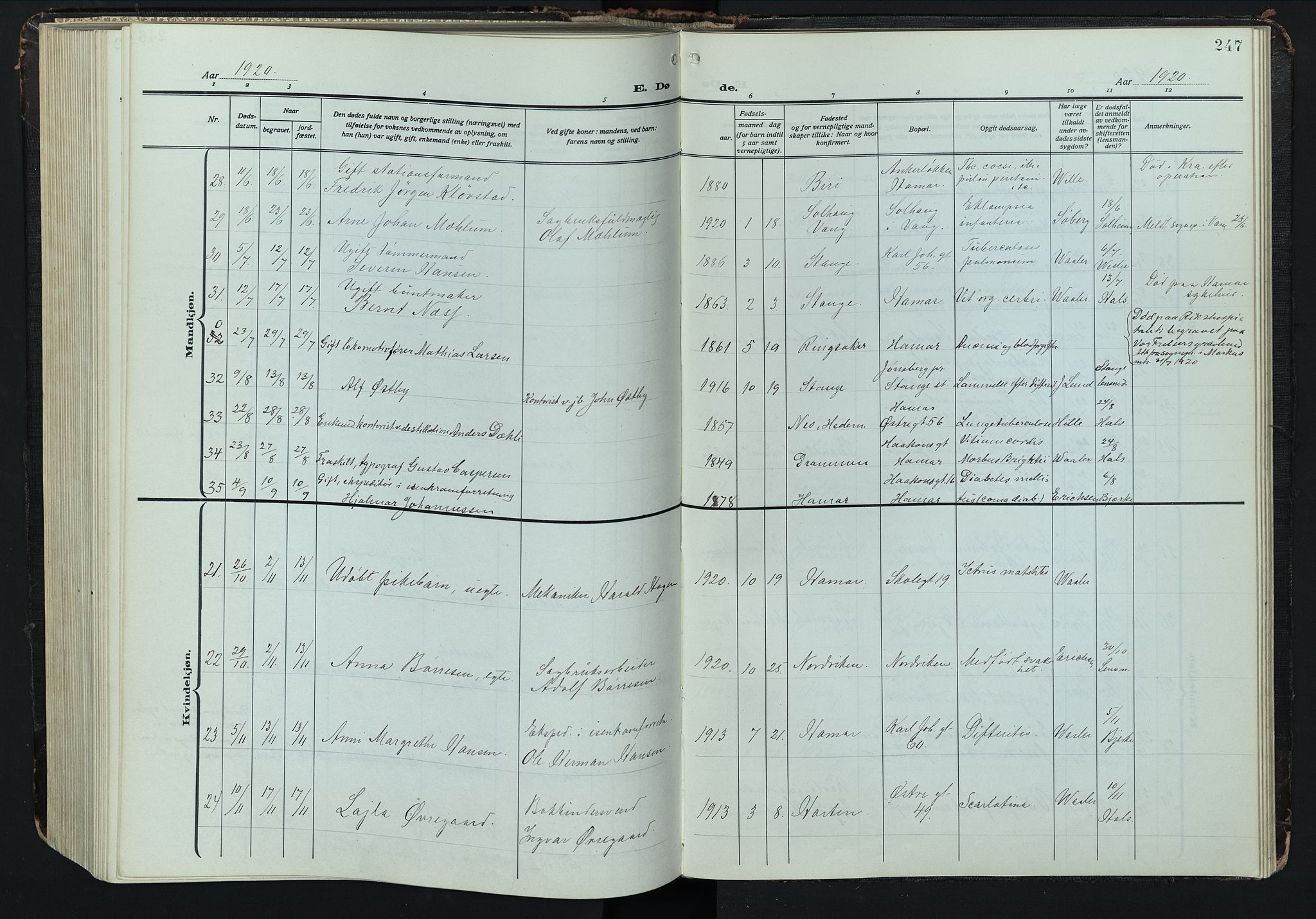 Hamar prestekontor, AV/SAH-DOMPH-002/H/Ha/Hab/L0004: Parish register (copy) no. 4, 1915-1942, p. 247