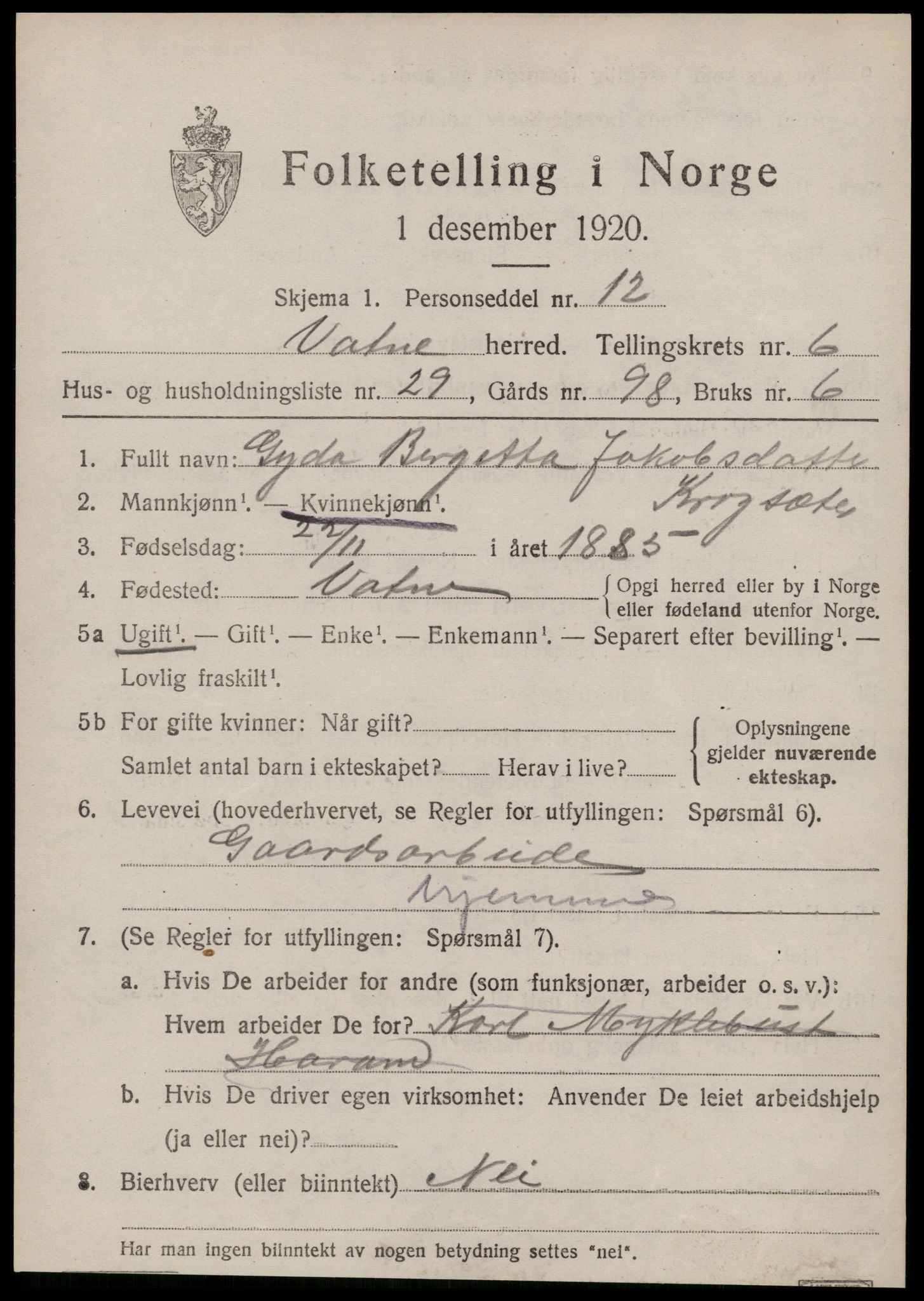 SAT, 1920 census for Vatne, 1920, p. 3118