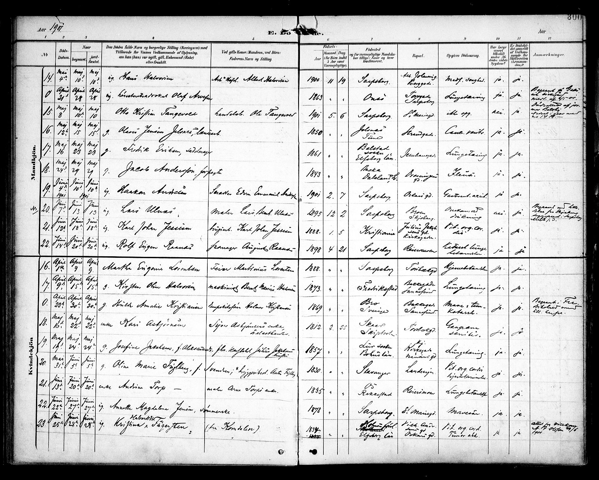 Sarpsborg prestekontor Kirkebøker, AV/SAO-A-2006/F/Fa/L0006: Parish register (official) no. 6, 1900-1909, p. 300