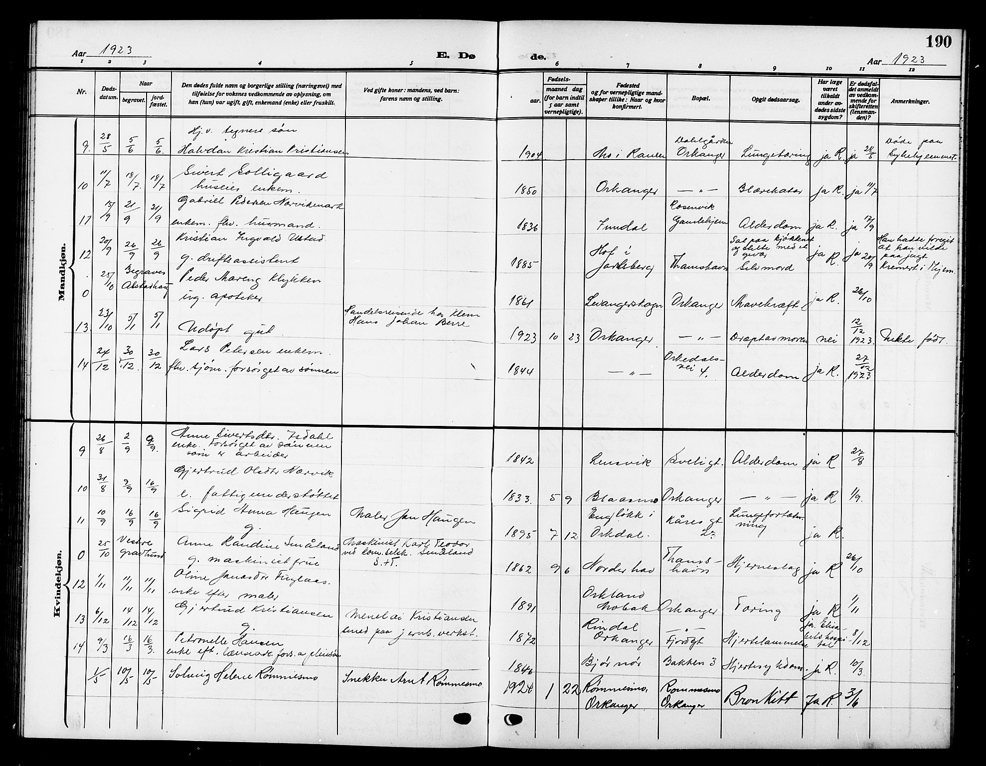 Ministerialprotokoller, klokkerbøker og fødselsregistre - Sør-Trøndelag, SAT/A-1456/669/L0831: Parish register (copy) no. 669C01, 1909-1924, p. 190