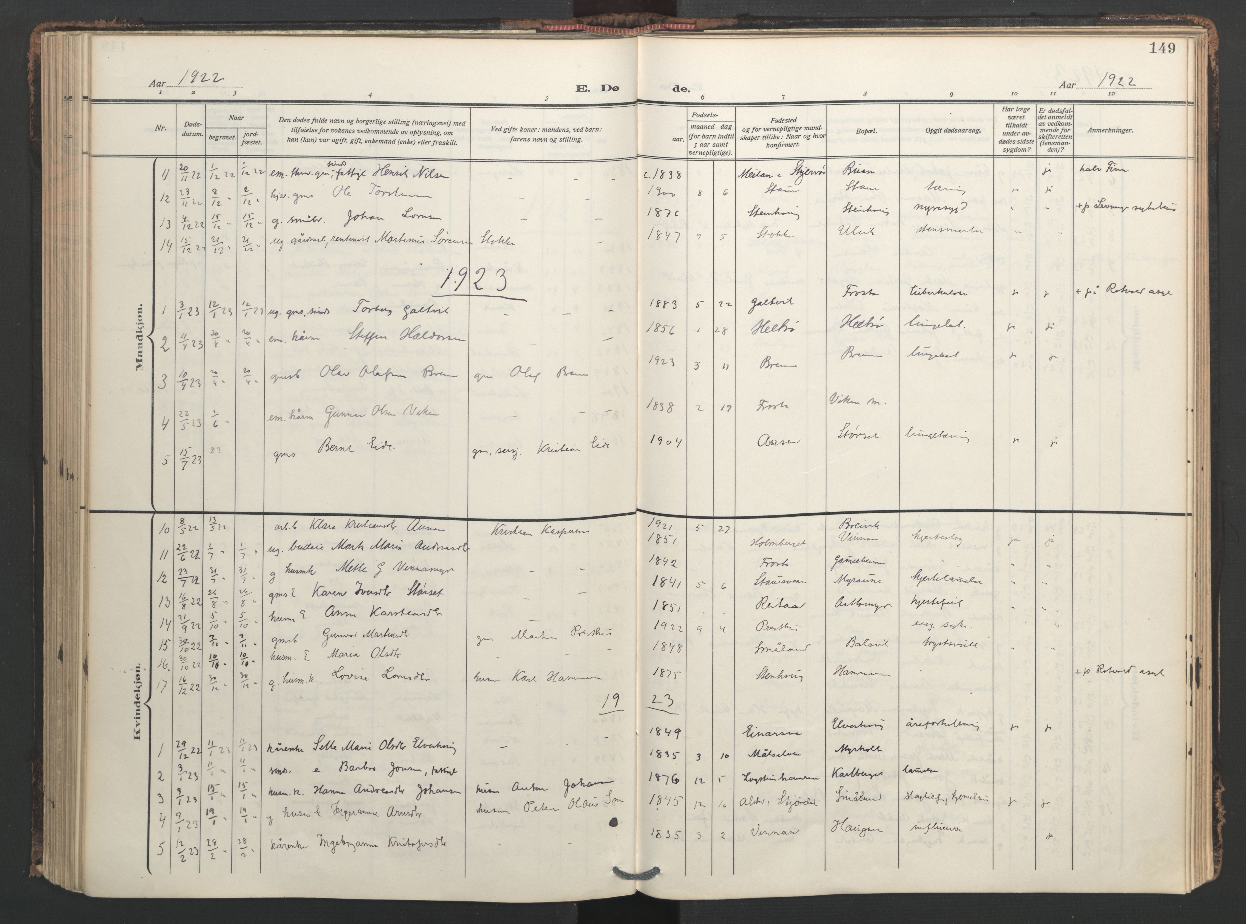 Ministerialprotokoller, klokkerbøker og fødselsregistre - Nord-Trøndelag, AV/SAT-A-1458/713/L0123: Parish register (official) no. 713A12, 1911-1925, p. 149