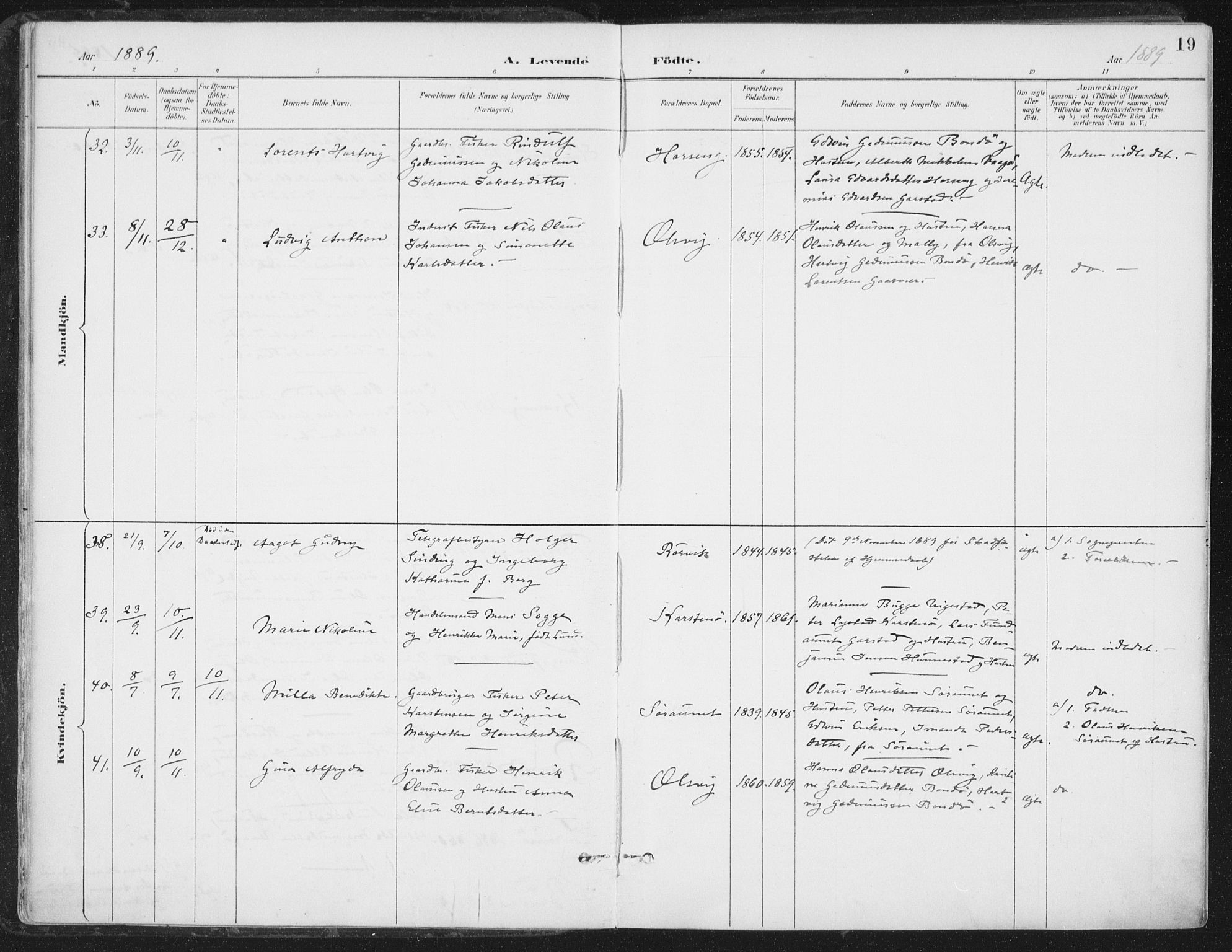 Ministerialprotokoller, klokkerbøker og fødselsregistre - Nord-Trøndelag, SAT/A-1458/786/L0687: Parish register (official) no. 786A03, 1888-1898, p. 19