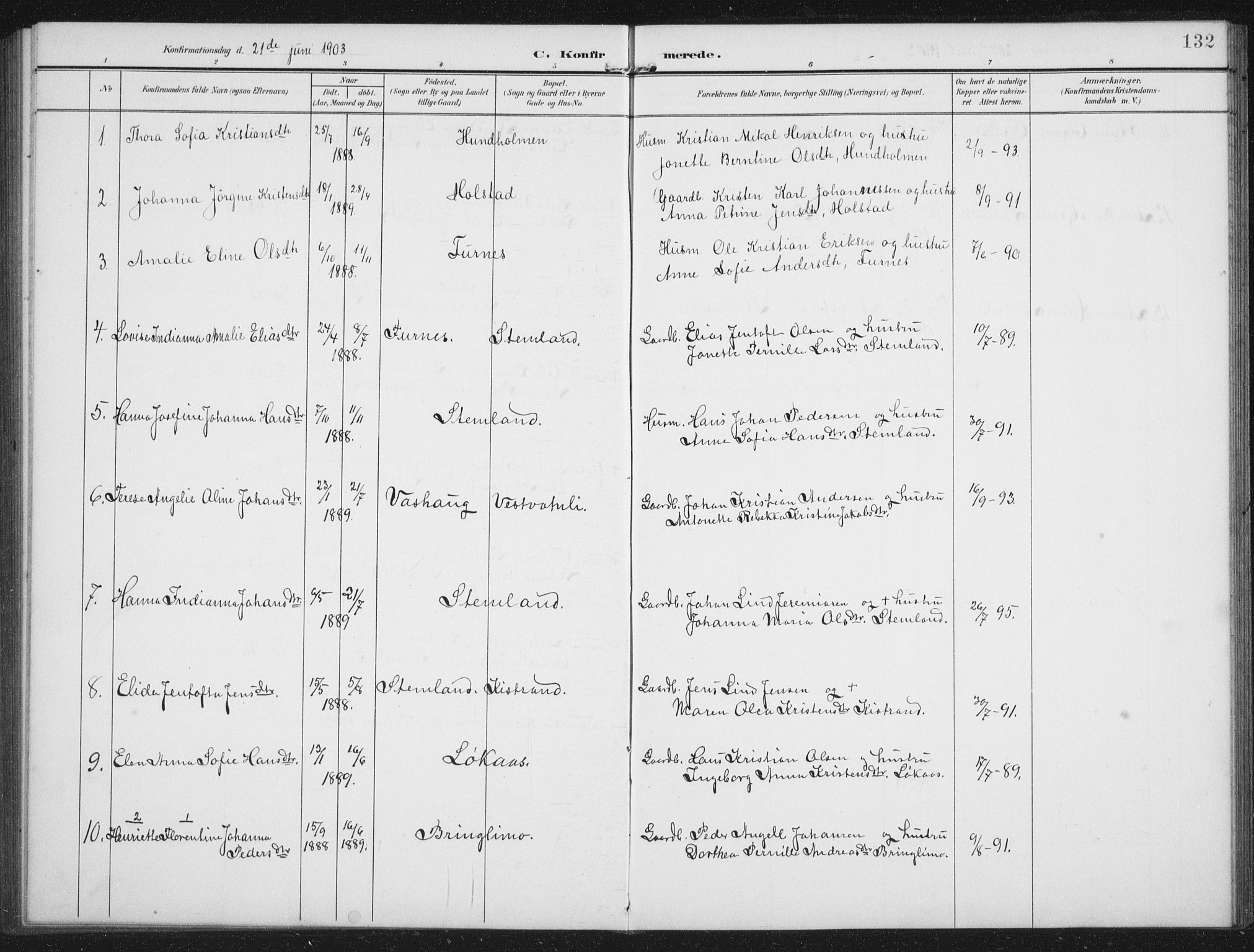 Ministerialprotokoller, klokkerbøker og fødselsregistre - Nordland, AV/SAT-A-1459/851/L0726: Parish register (copy) no. 851C01, 1902-1924, p. 132