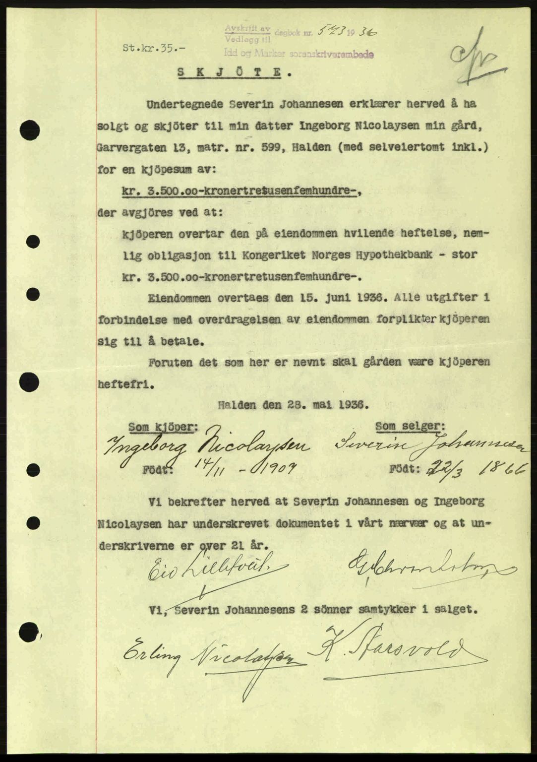 Idd og Marker sorenskriveri, AV/SAO-A-10283/G/Gb/Gbb/L0001: Mortgage book no. A1, 1936-1937, Diary no: : 573/1936