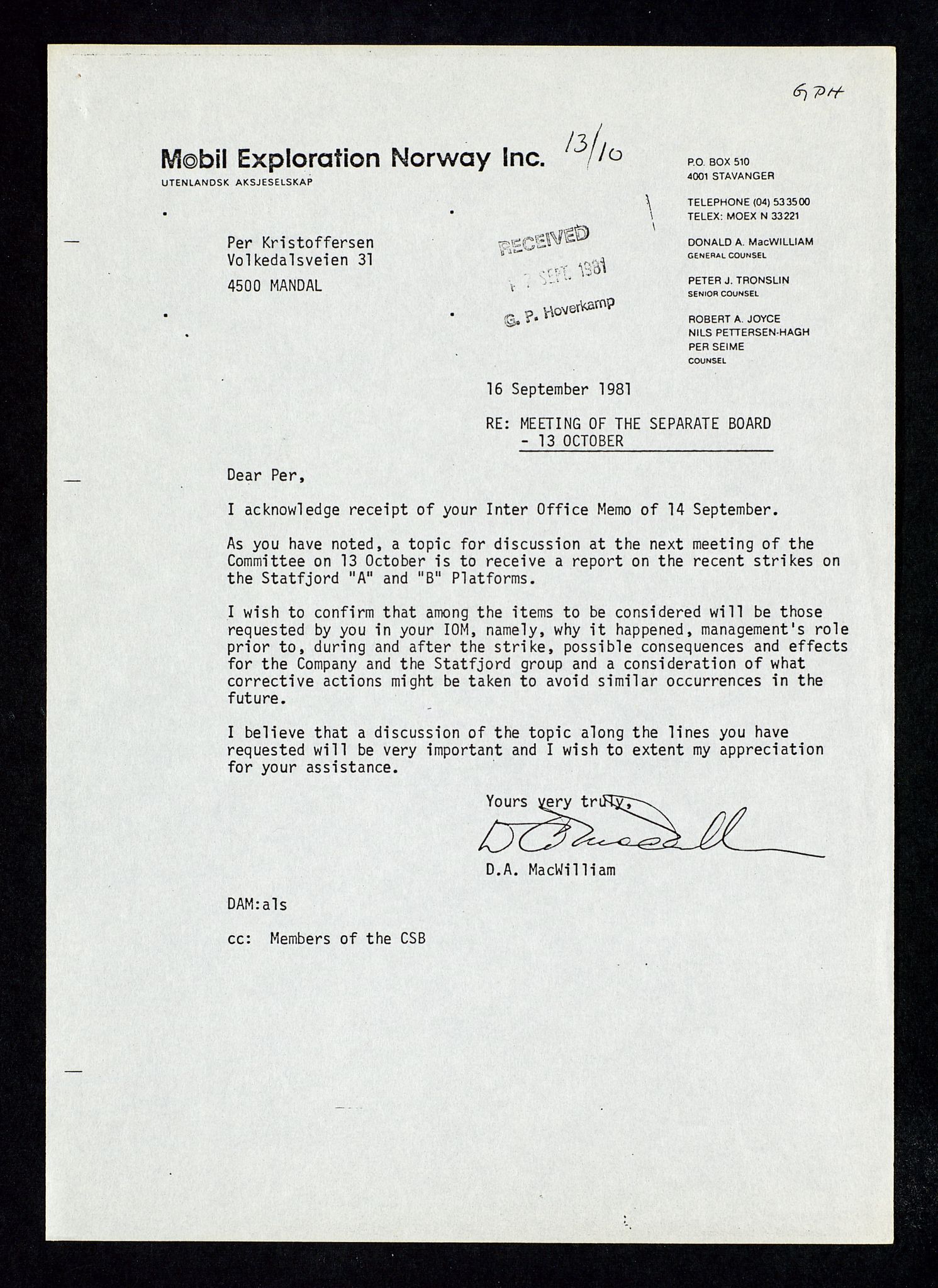 Pa 1578 - Mobil Exploration Norway Incorporated, SAST/A-102024/4/D/Da/L0168: Sak og korrespondanse og styremøter, 1973-1986, p. 133