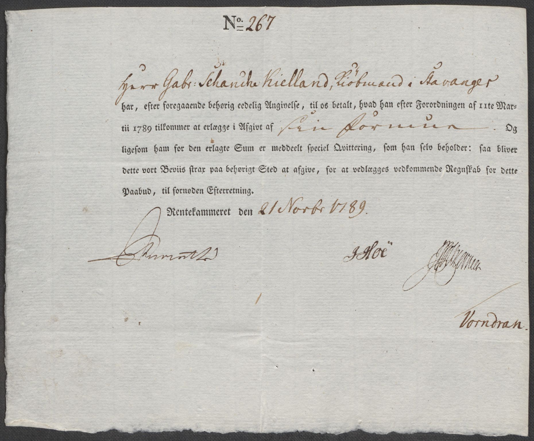 Rentekammeret inntil 1814, Reviderte regnskaper, Mindre regnskaper, AV/RA-EA-4068/Rf/Rfe/L0045: Stavanger, Stjørdal og Verdal fogderi, 1789, p. 122