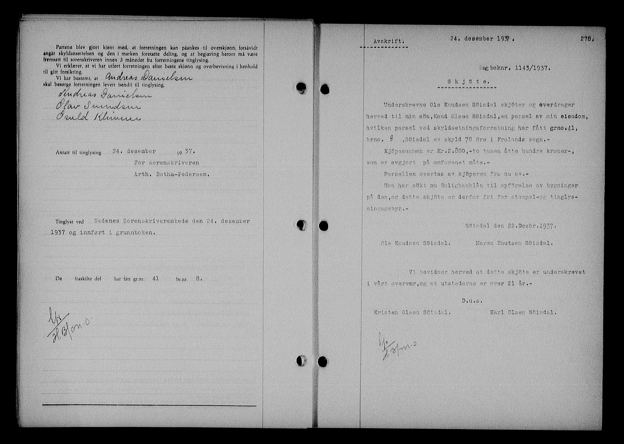 Nedenes sorenskriveri, SAK/1221-0006/G/Gb/Gba/L0044: Mortgage book no. 40, 1937-1938, Diary no: : 1143/1937