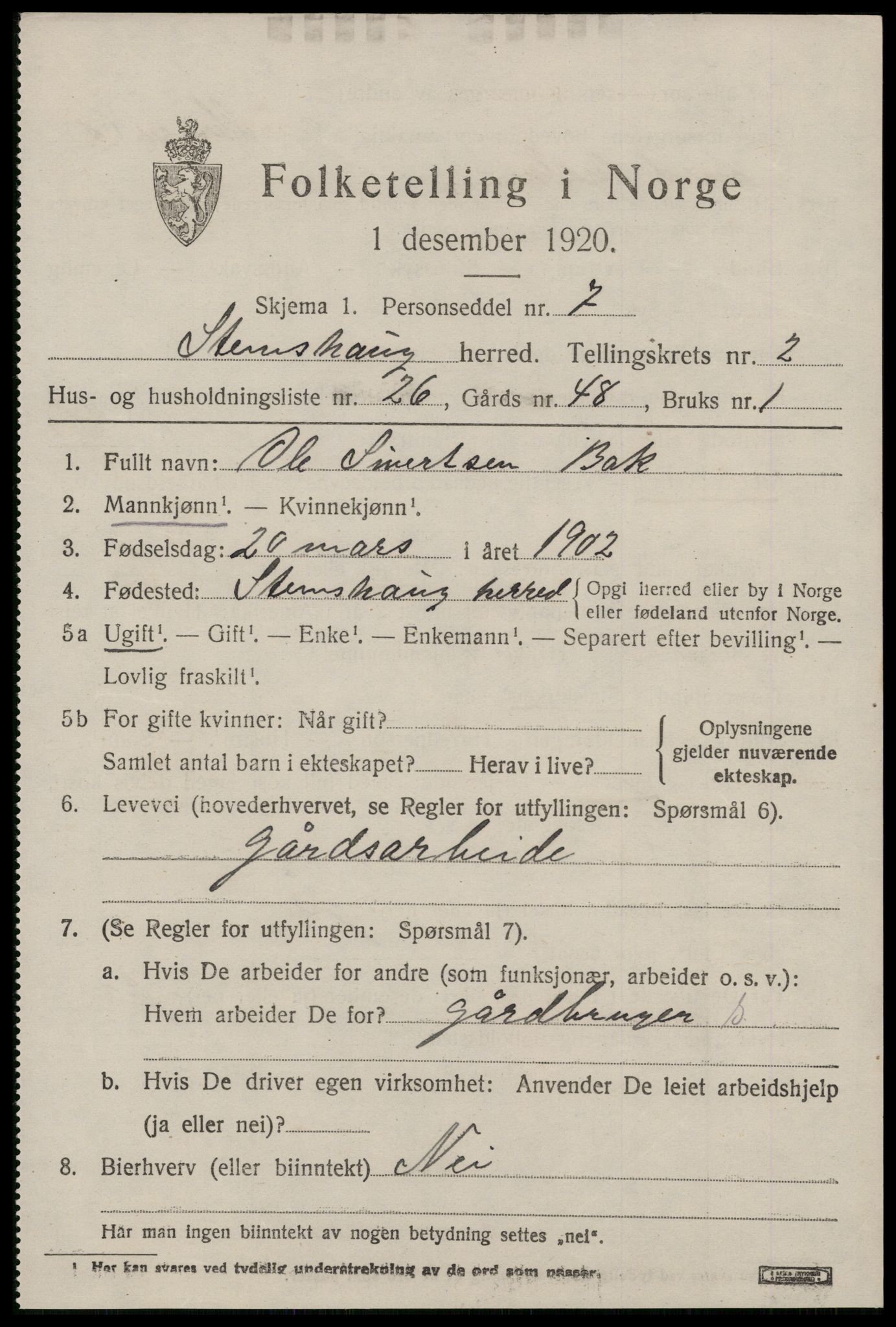 SAT, 1920 census for Stemshaug, 1920, p. 1046