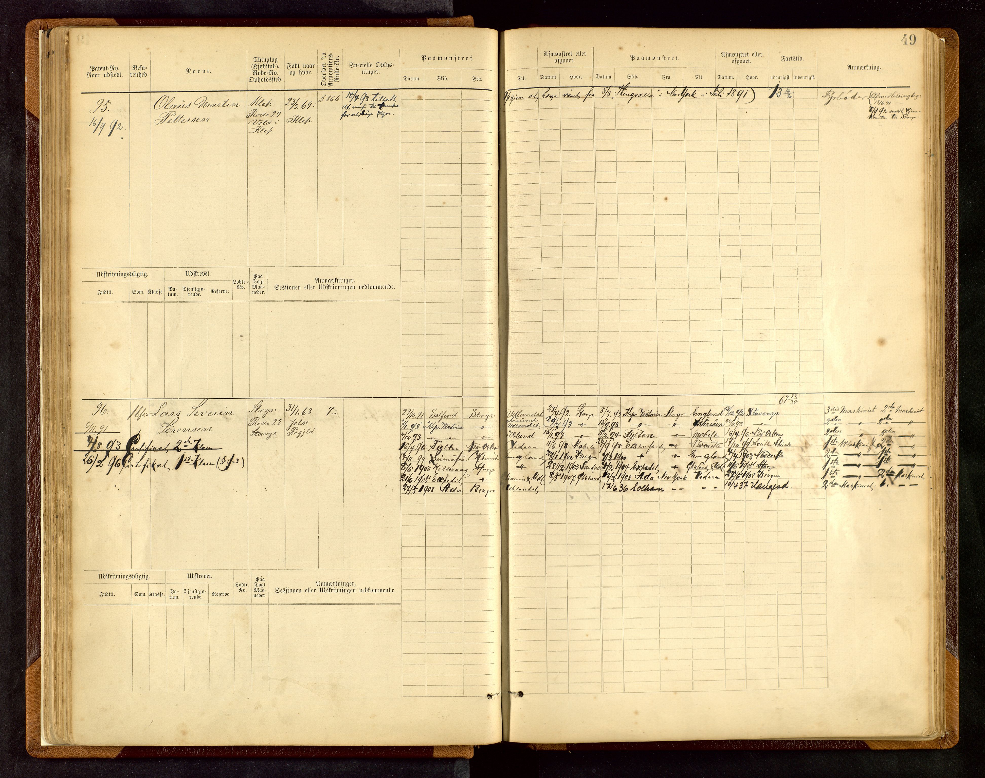 Stavanger sjømannskontor, AV/SAST-A-102006/F/Fe/L0001: Maskinist- og fyrbøterrulle, patentnr. 1-58/1-194, 1884-1894, p. 52