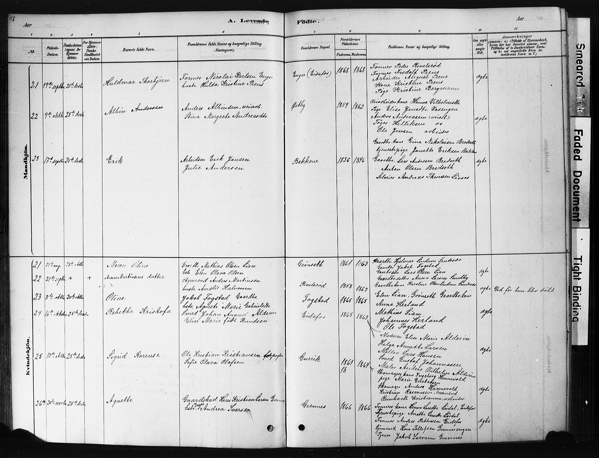 Hof kirkebøker, SAKO/A-64/G/Ga/L0004: Parish register (copy) no. I 4, 1878-1930, p. 87