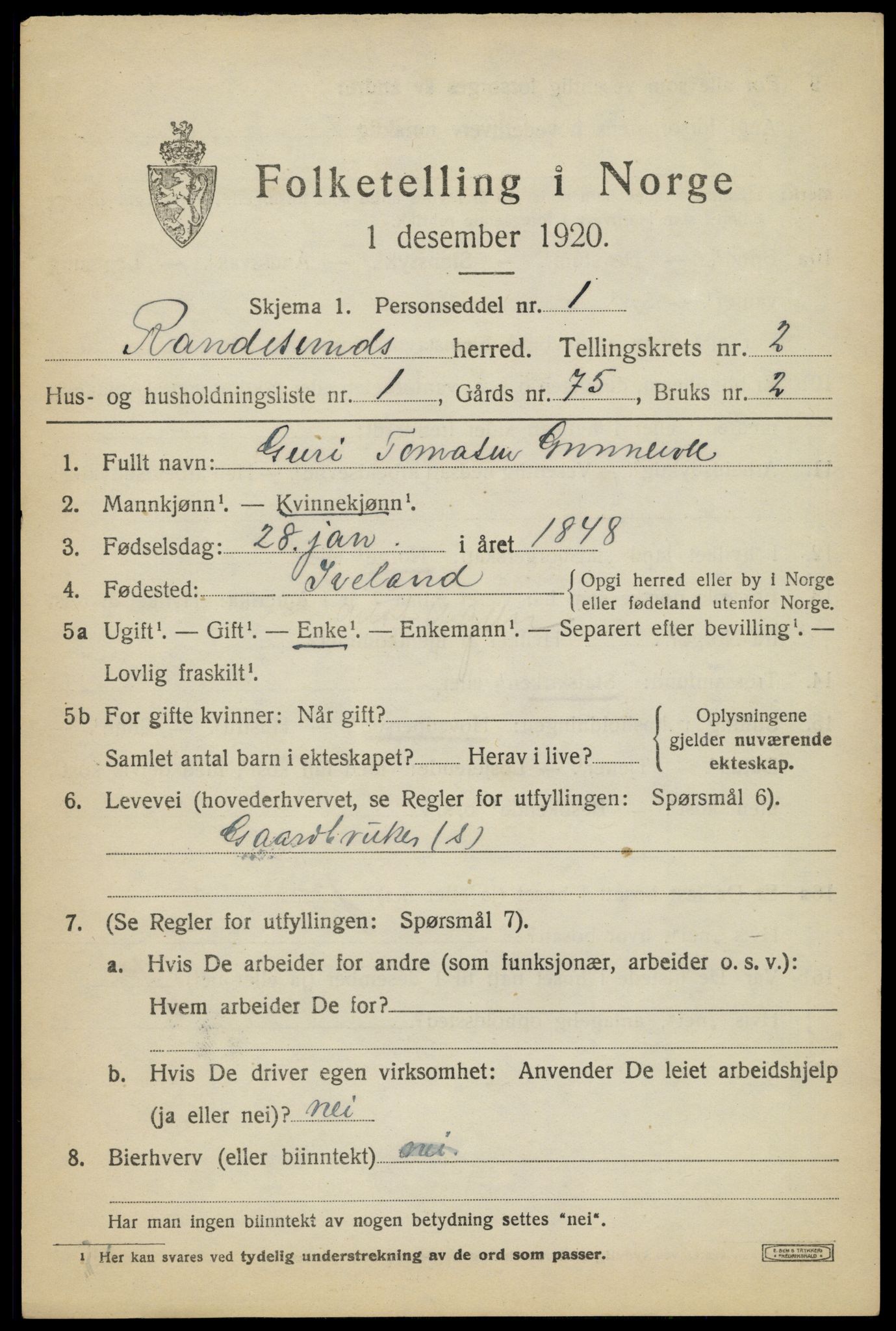 SAK, 1920 census for Randesund, 1920, p. 1088