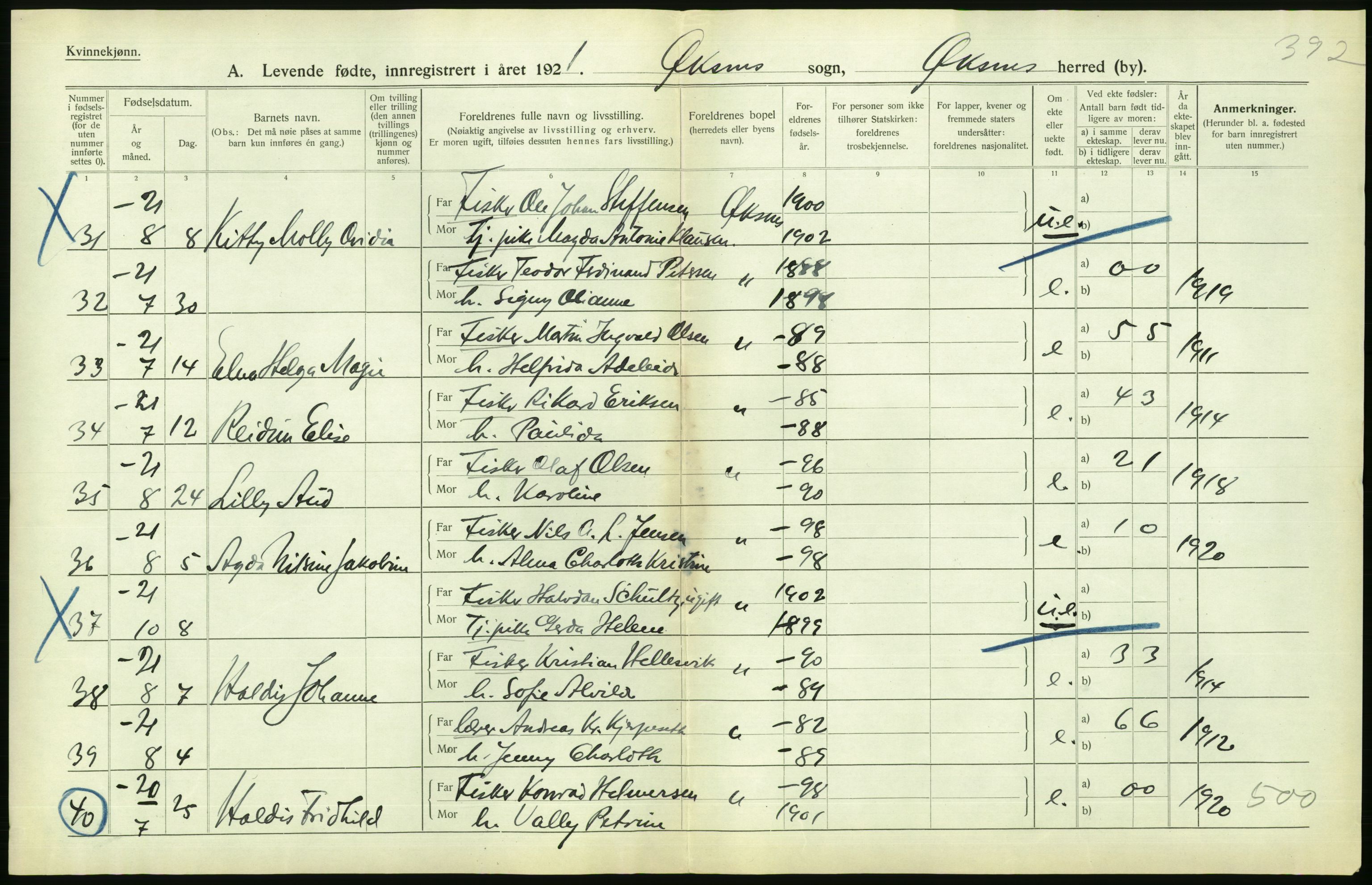 Statistisk sentralbyrå, Sosiodemografiske emner, Befolkning, AV/RA-S-2228/D/Df/Dfc/Dfca/L0049: Nordland fylke: Levendefødte menn og kvinner. Bygder., 1921, p. 420