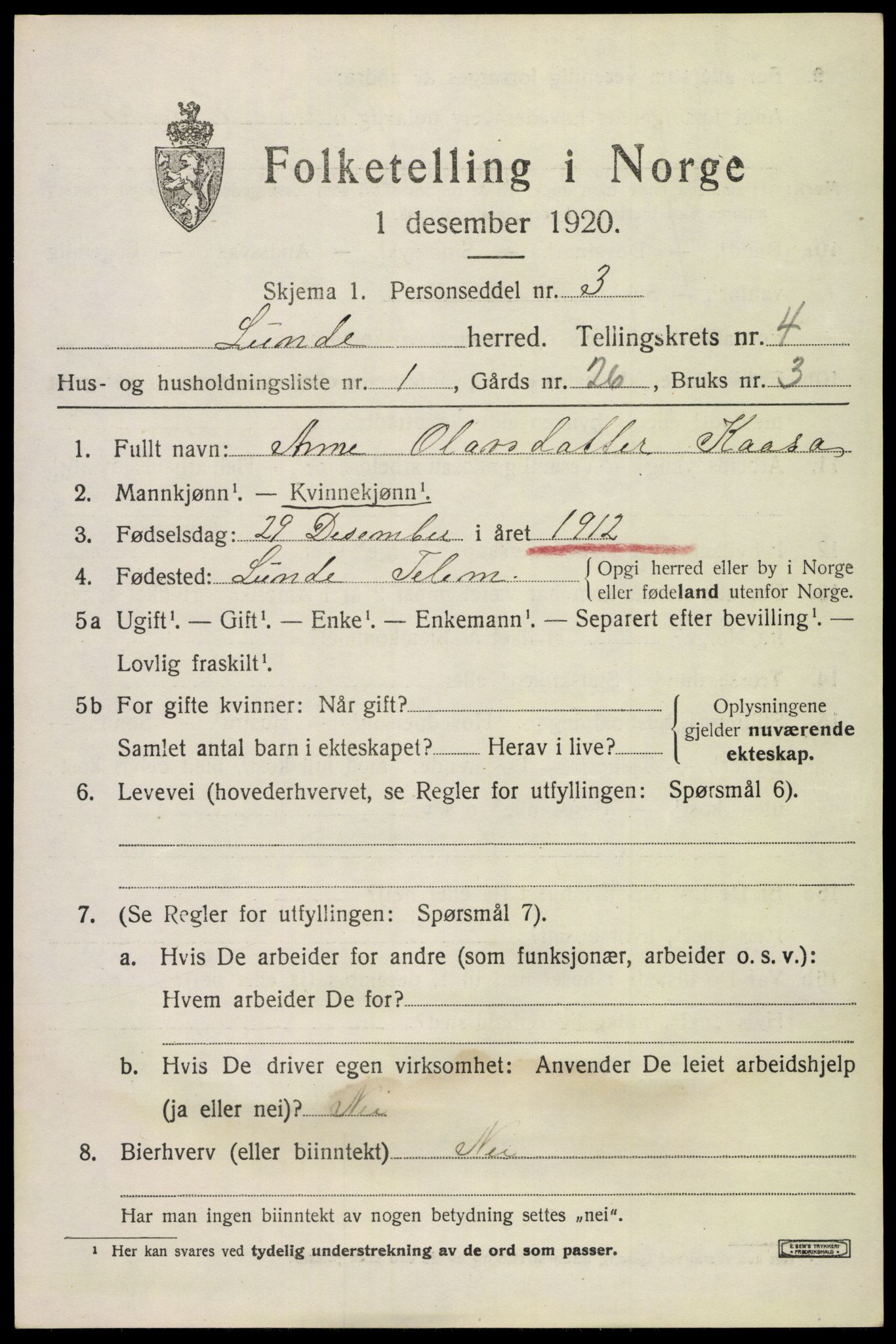 SAKO, 1920 census for Lunde, 1920, p. 2993