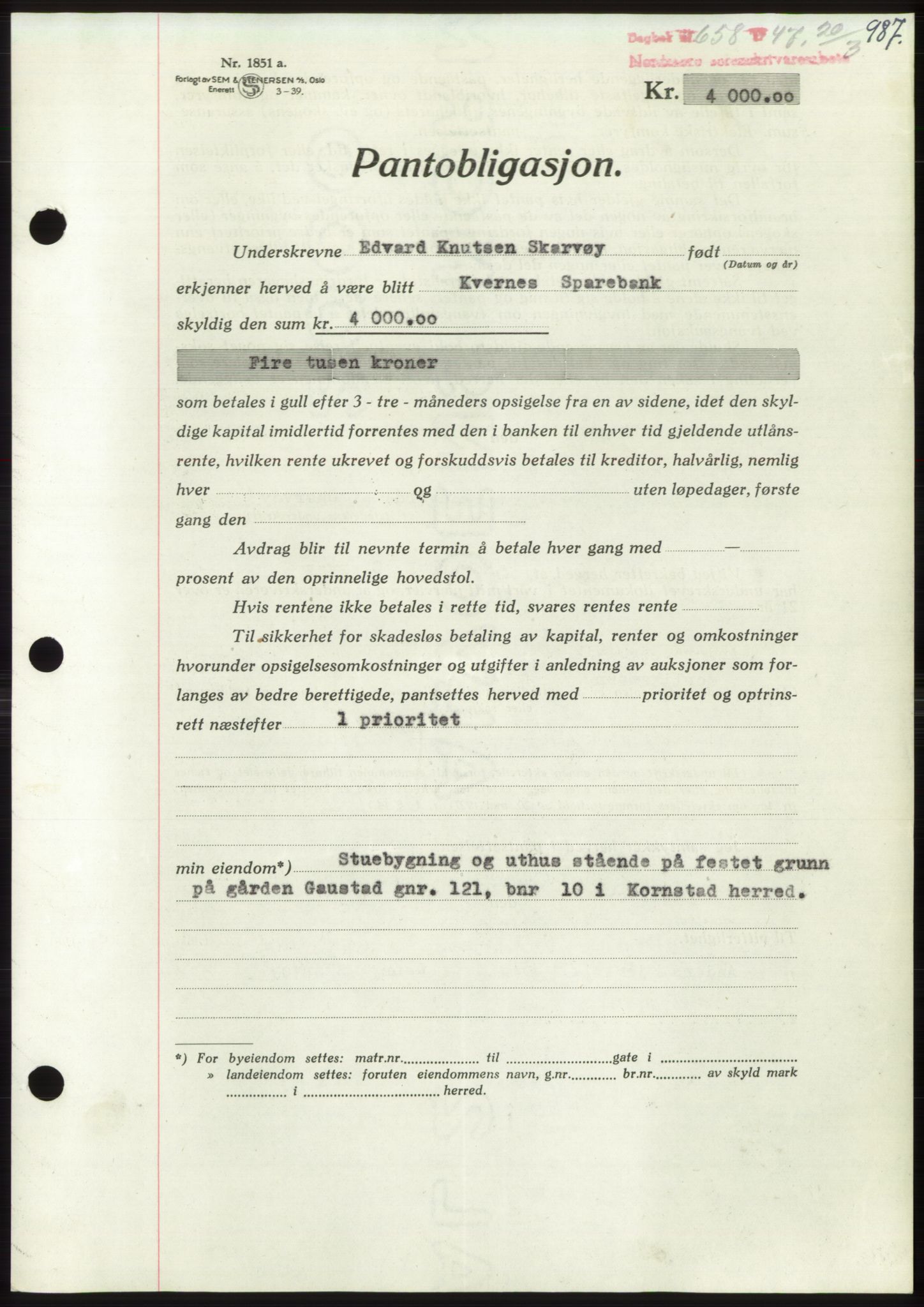 Nordmøre sorenskriveri, AV/SAT-A-4132/1/2/2Ca: Mortgage book no. B95, 1946-1947, Diary no: : 658/1947