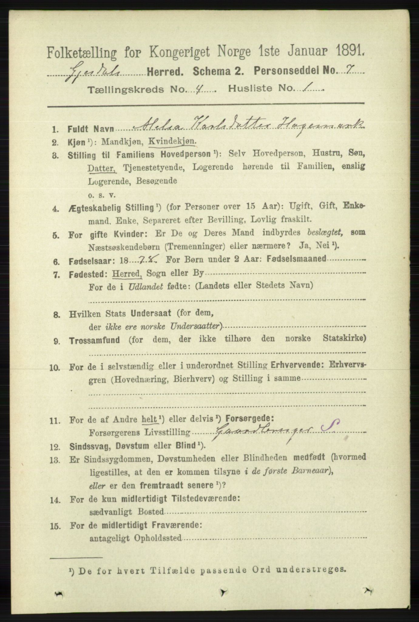 RA, 1891 census for 1122 Gjesdal, 1891, p. 1188