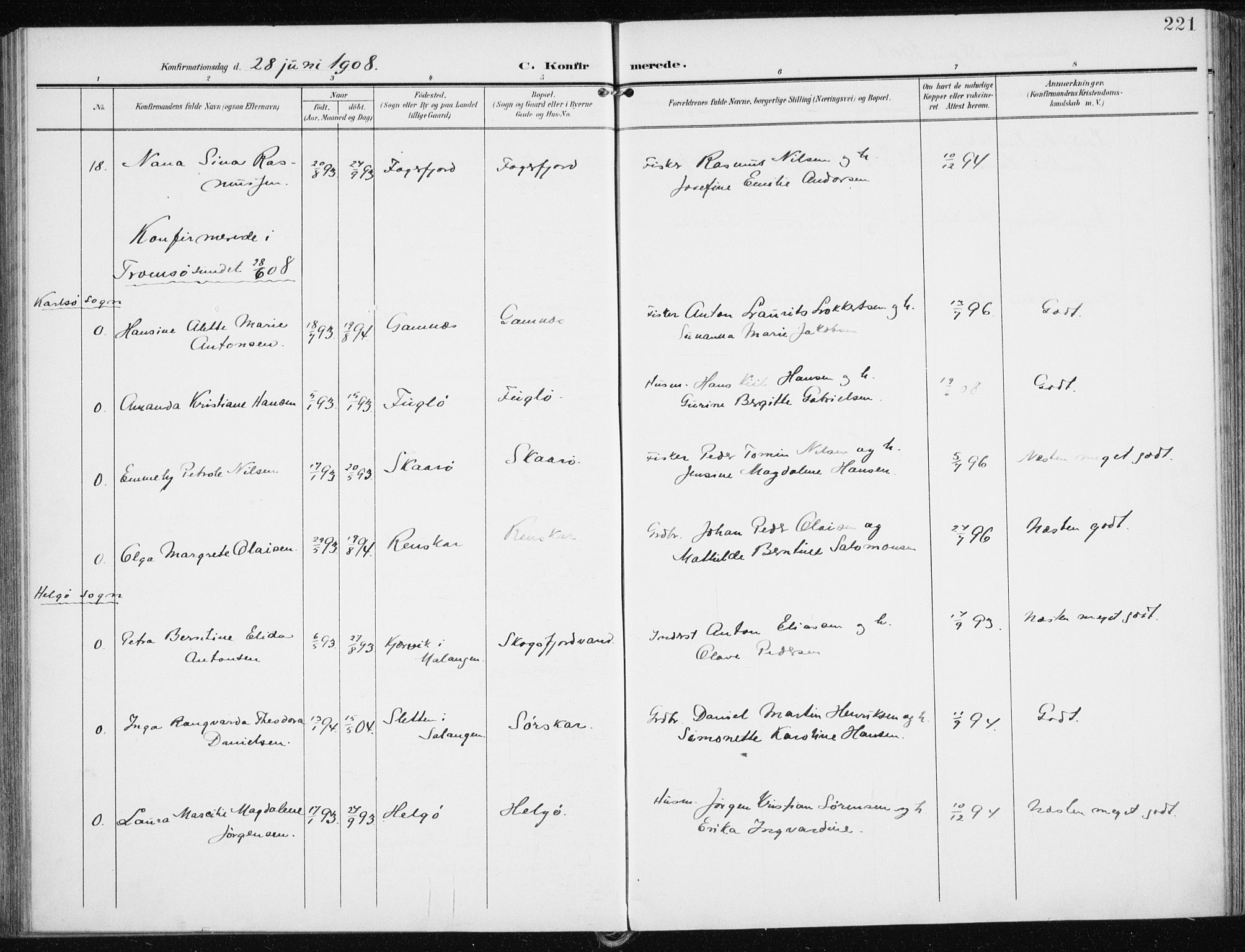 Karlsøy sokneprestembete, AV/SATØ-S-1299/H/Ha/Haa/L0014kirke: Parish register (official) no. 14, 1903-1917, p. 221