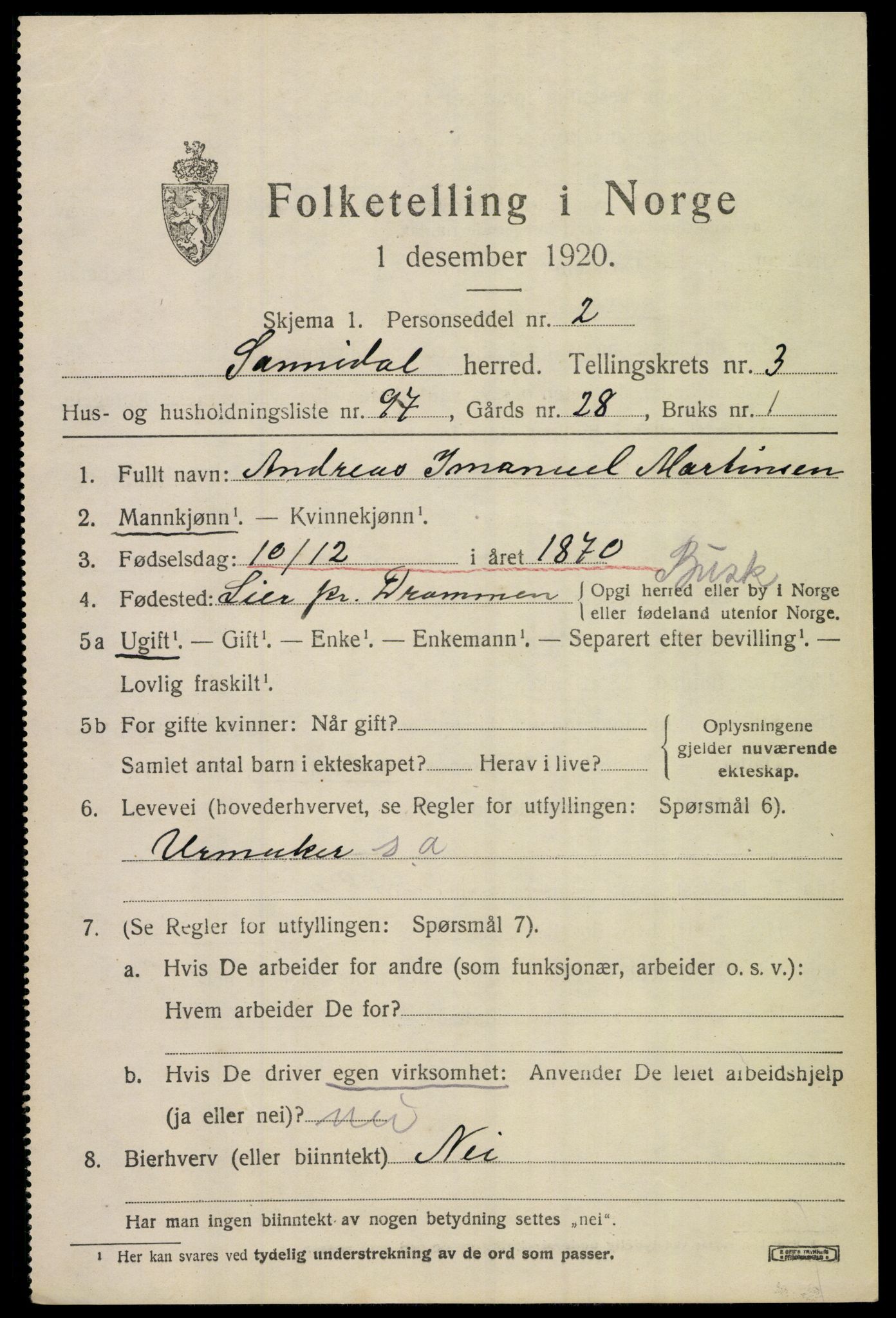 SAKO, 1920 census for Sannidal, 1920, p. 3339