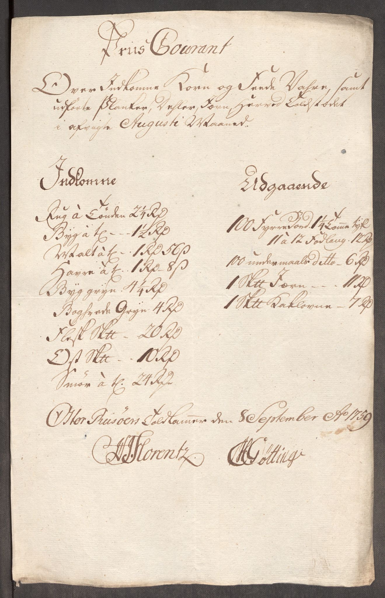 Rentekammeret inntil 1814, Realistisk ordnet avdeling, RA/EA-4070/Oe/L0006: [Ø1]: Priskuranter, 1758-1760, p. 580