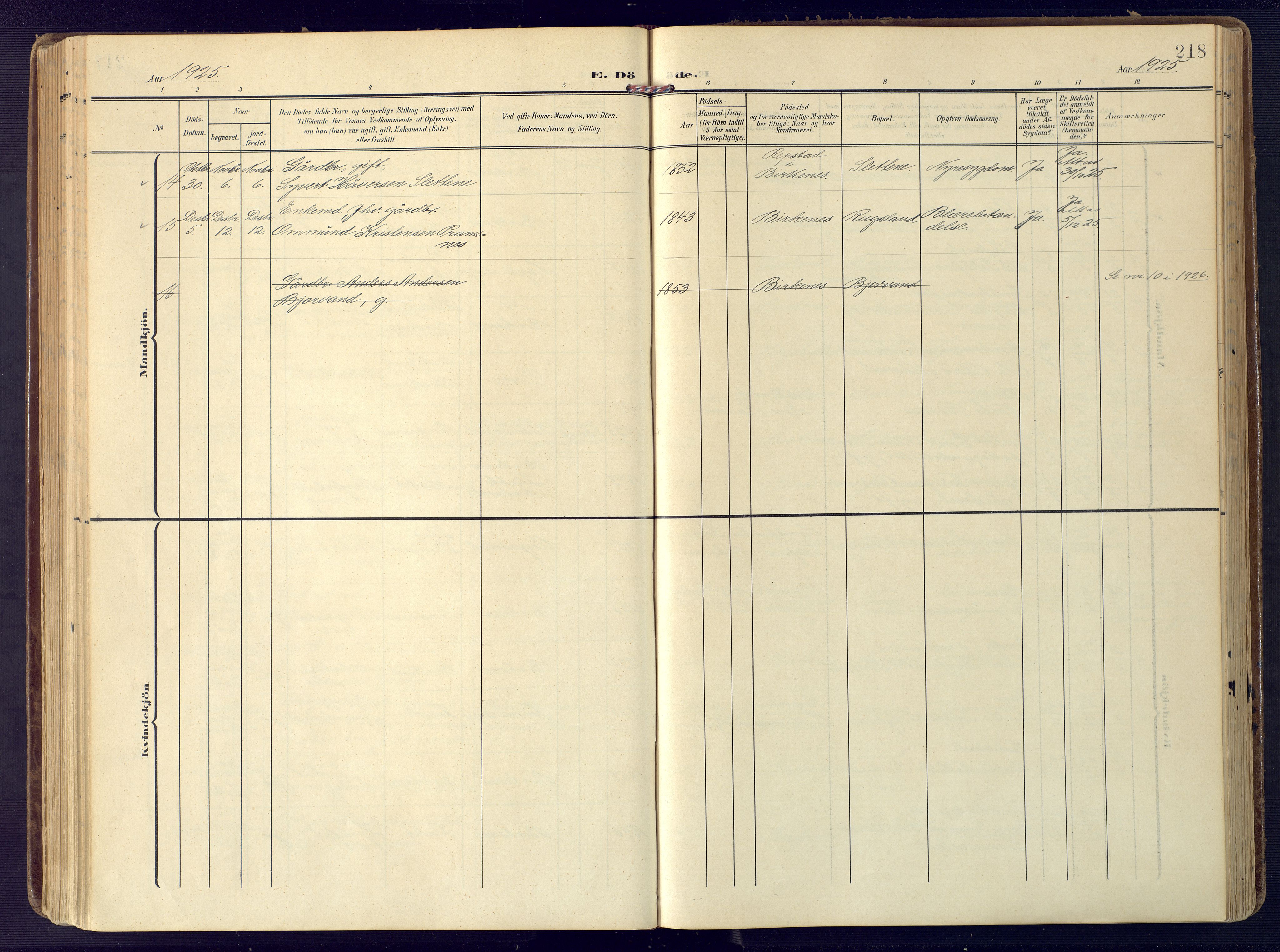 Birkenes sokneprestkontor, SAK/1111-0004/F/Fa/L0006: Parish register (official) no. A 6, 1908-1932, p. 218