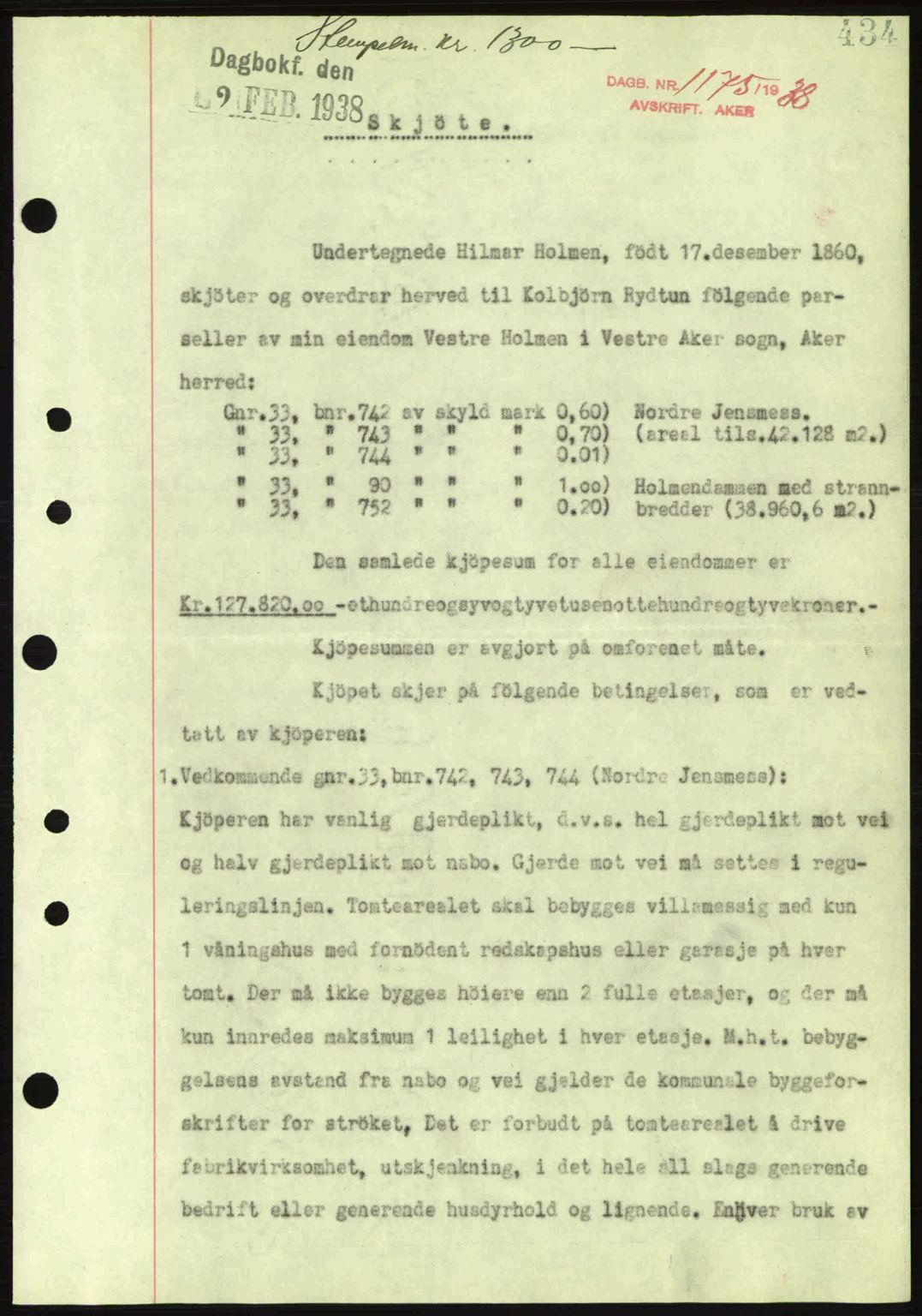 Aker herredsskriveri, AV/SAO-A-10896/G/Gb/Gba/Gbab/L0020: Mortgage book no. A150-151, 1938-1938, Diary no: : 1175/1938