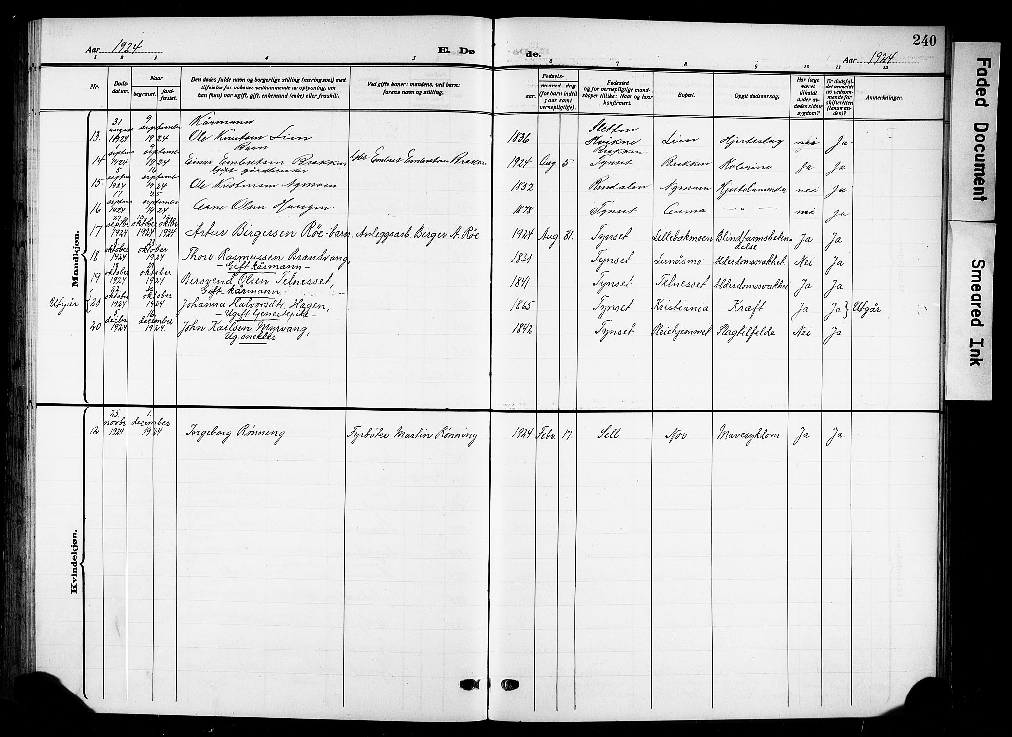 Tynset prestekontor, AV/SAH-PREST-058/H/Ha/Hab/L0011: Parish register (copy) no. 11, 1915-1930, p. 240