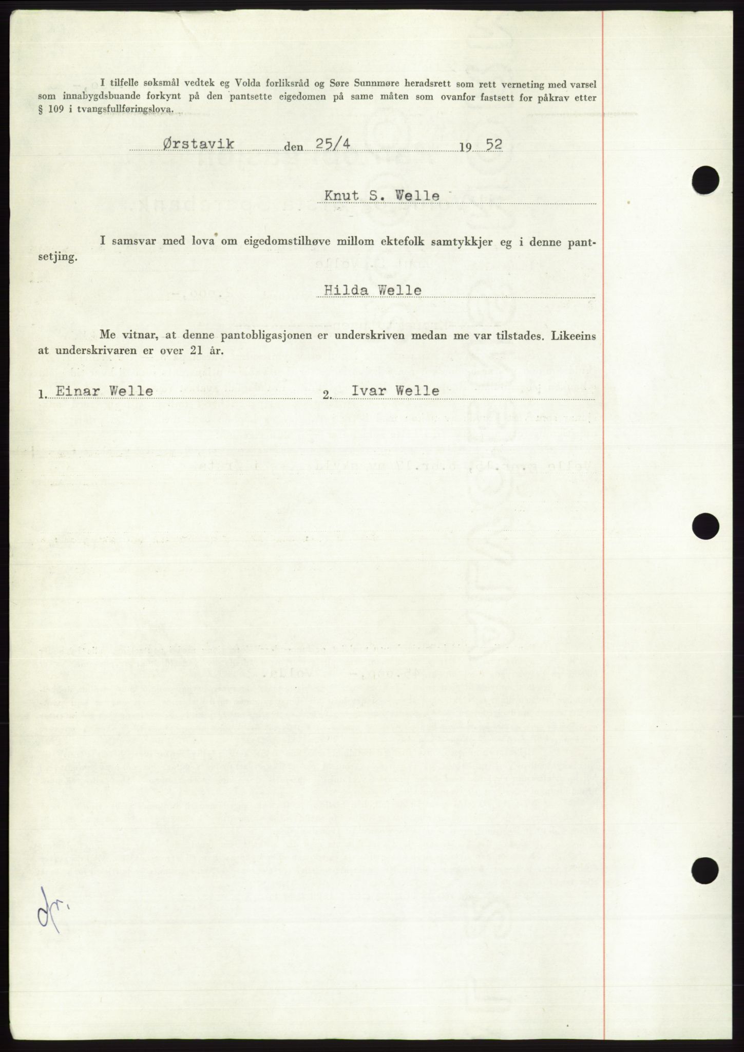 Søre Sunnmøre sorenskriveri, AV/SAT-A-4122/1/2/2C/L0092: Mortgage book no. 18A, 1952-1952, Diary no: : 806/1952