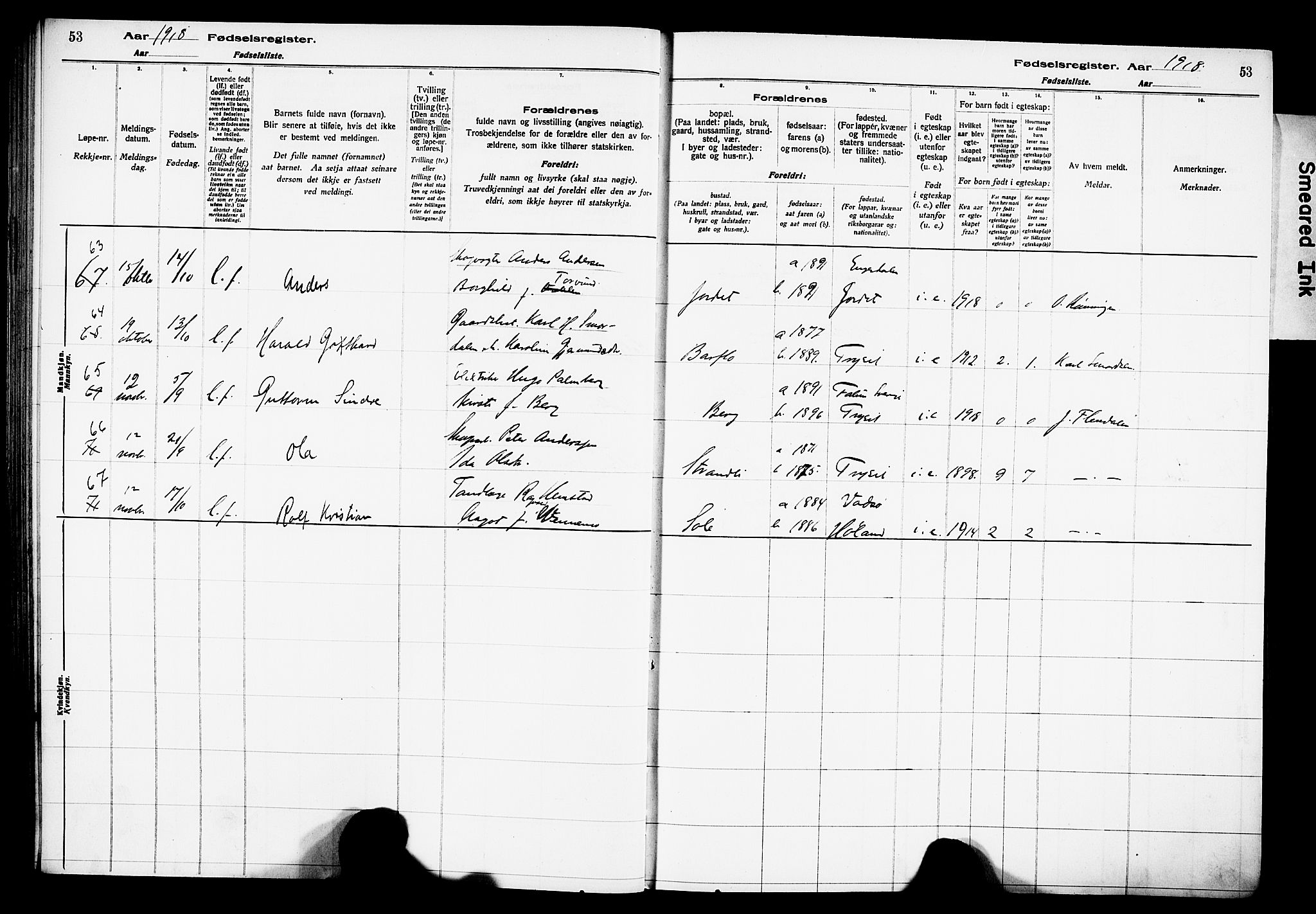 Trysil prestekontor, AV/SAH-PREST-046/I/Id/Ida/L0001: Birth register no. I 1, 1916-1927, p. 53