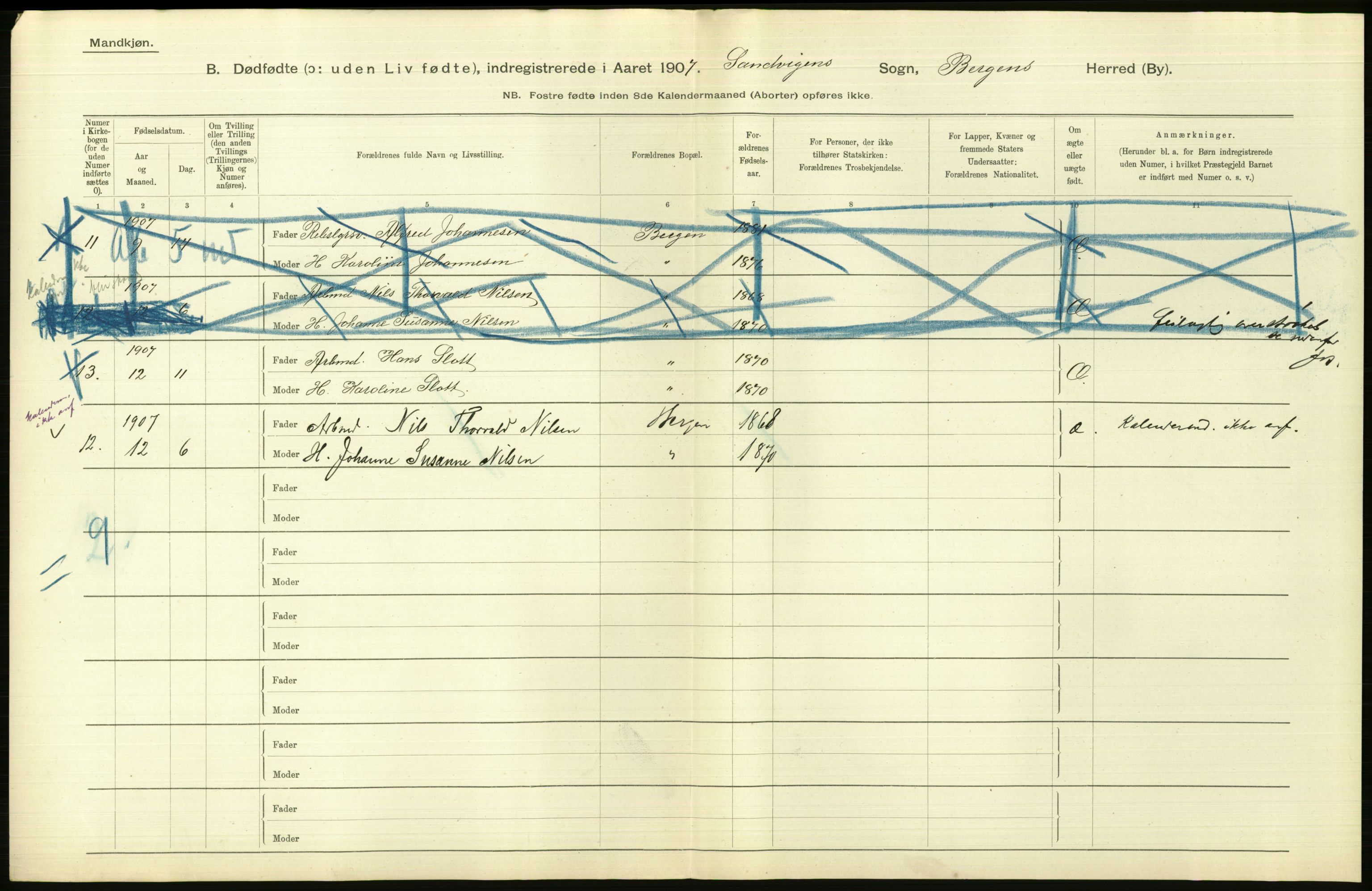 Statistisk sentralbyrå, Sosiodemografiske emner, Befolkning, AV/RA-S-2228/D/Df/Dfa/Dfae/L0031: Bergen: gifte, døde, dødfødte., 1907, p. 436