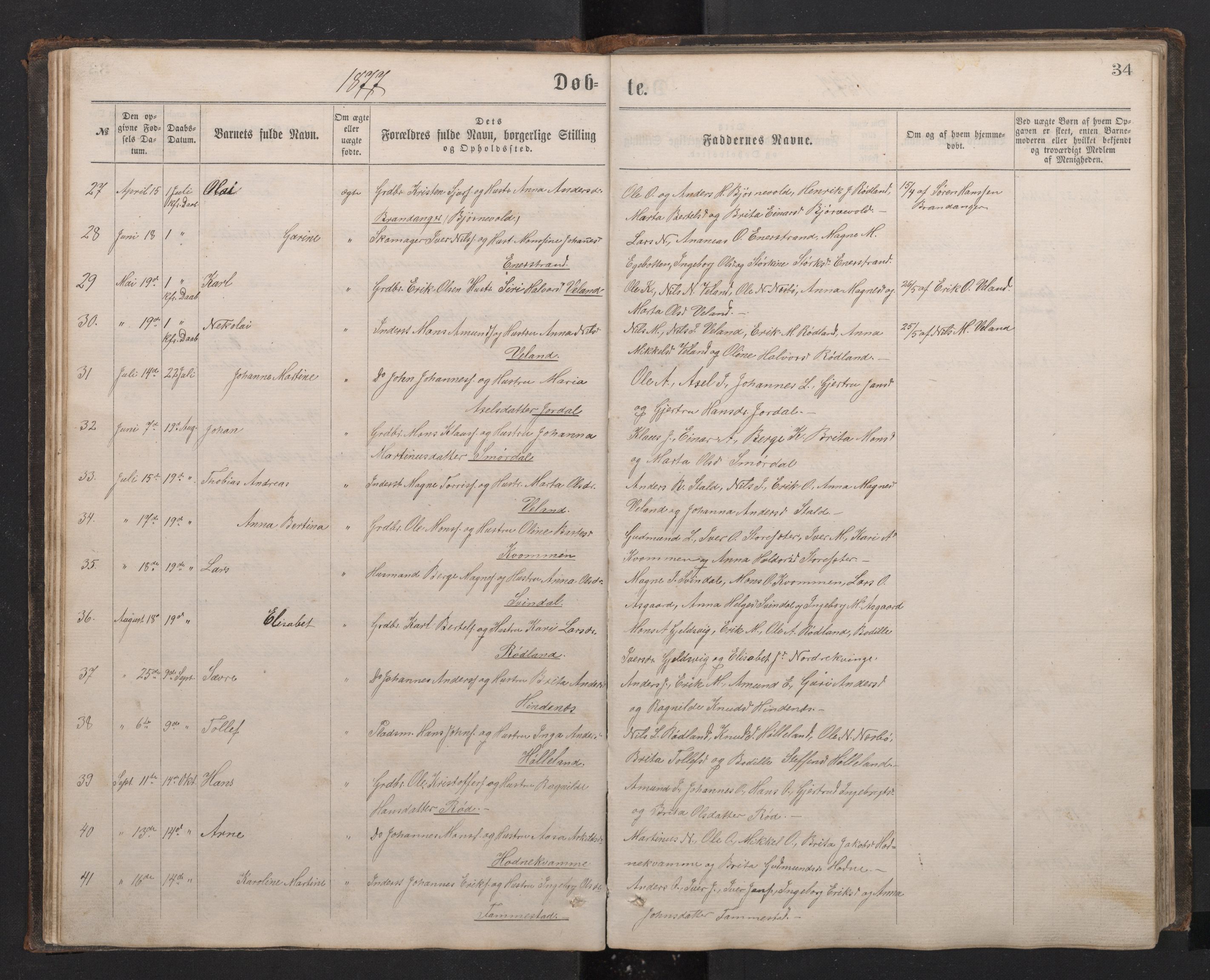 Lindås Sokneprestembete, SAB/A-76701/H/Hab: Parish register (copy) no. E 2, 1867-1892, p. 33b-34a