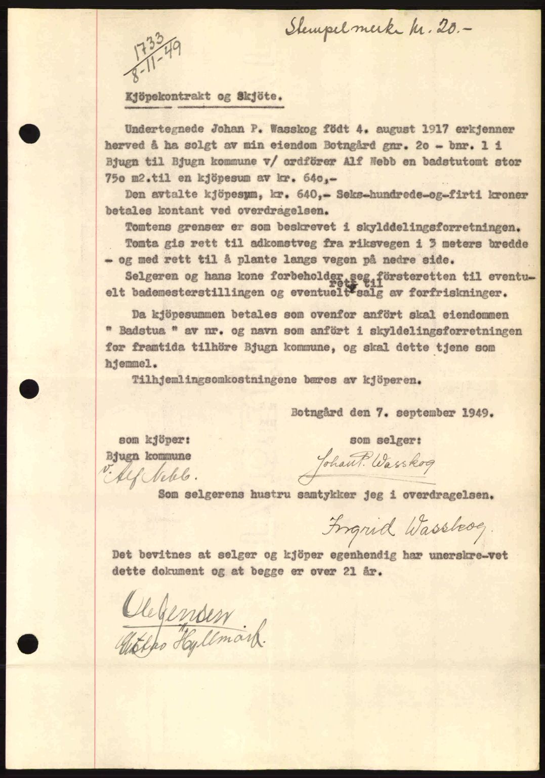 Fosen sorenskriveri, AV/SAT-A-1107/1/2/2C: Mortgage book no. A10, 1949-1950, Diary no: : 1733/1949