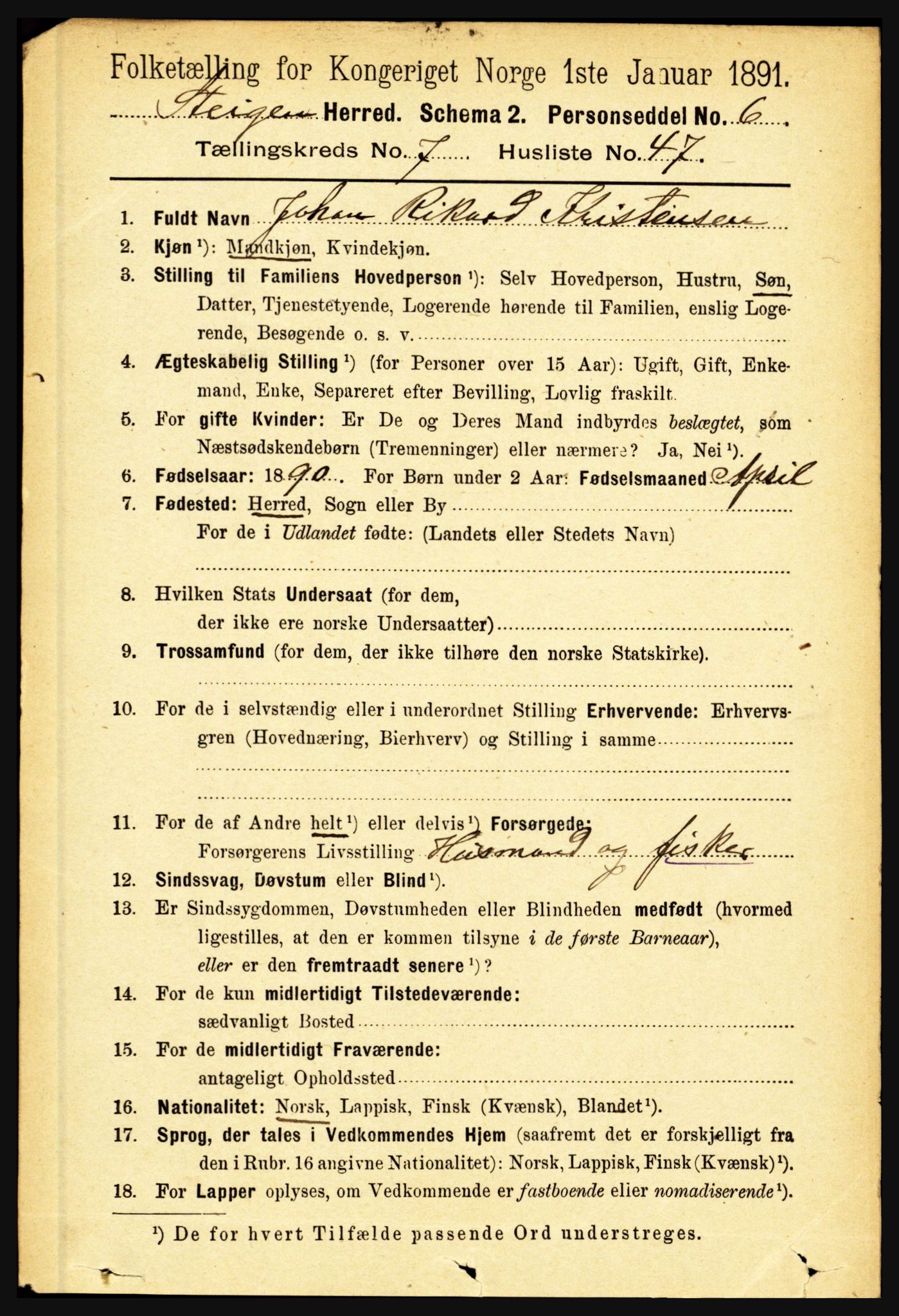 RA, 1891 census for 1848 Steigen, 1891, p. 2532