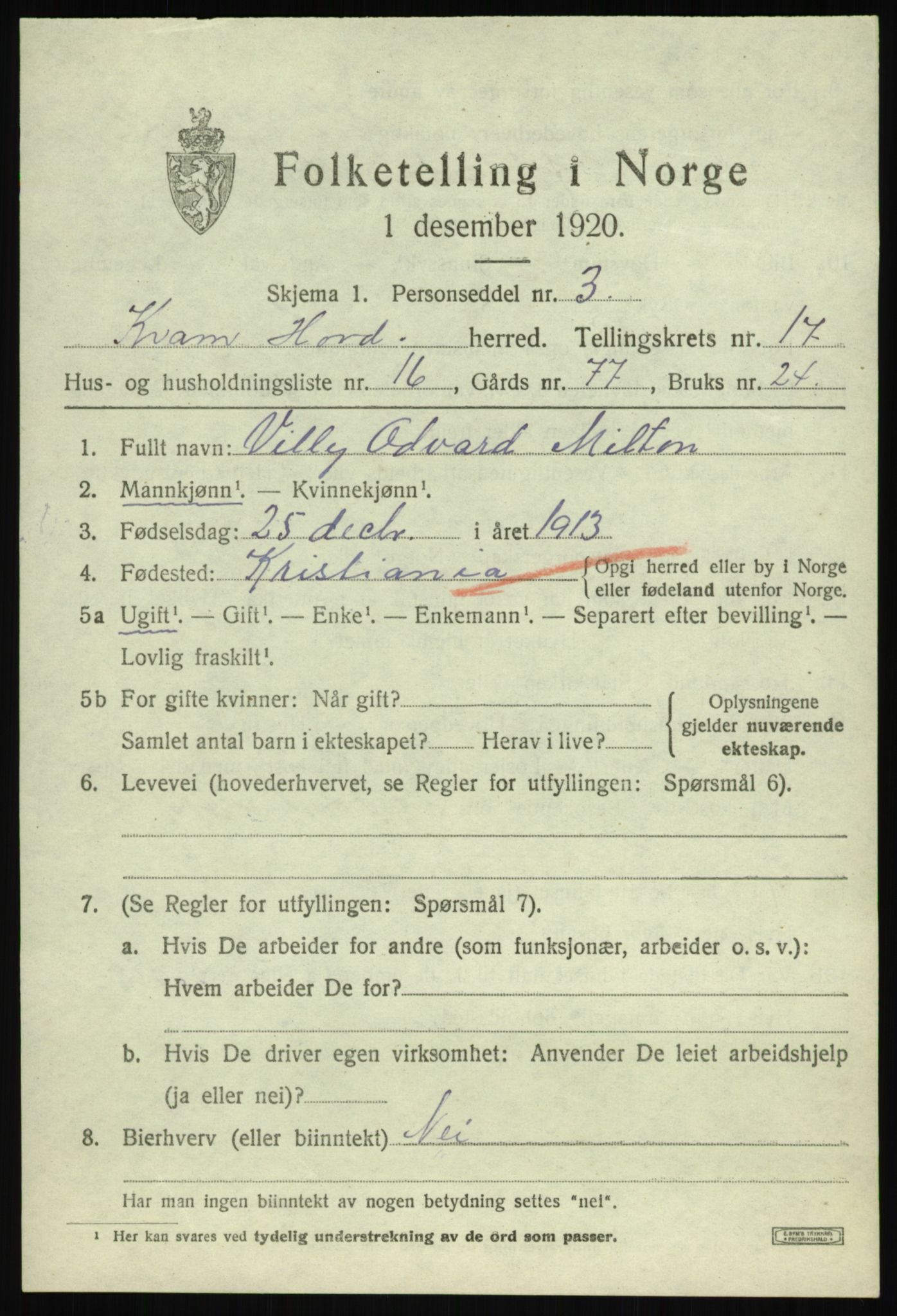 SAB, 1920 census for Kvam, 1920, p. 9461