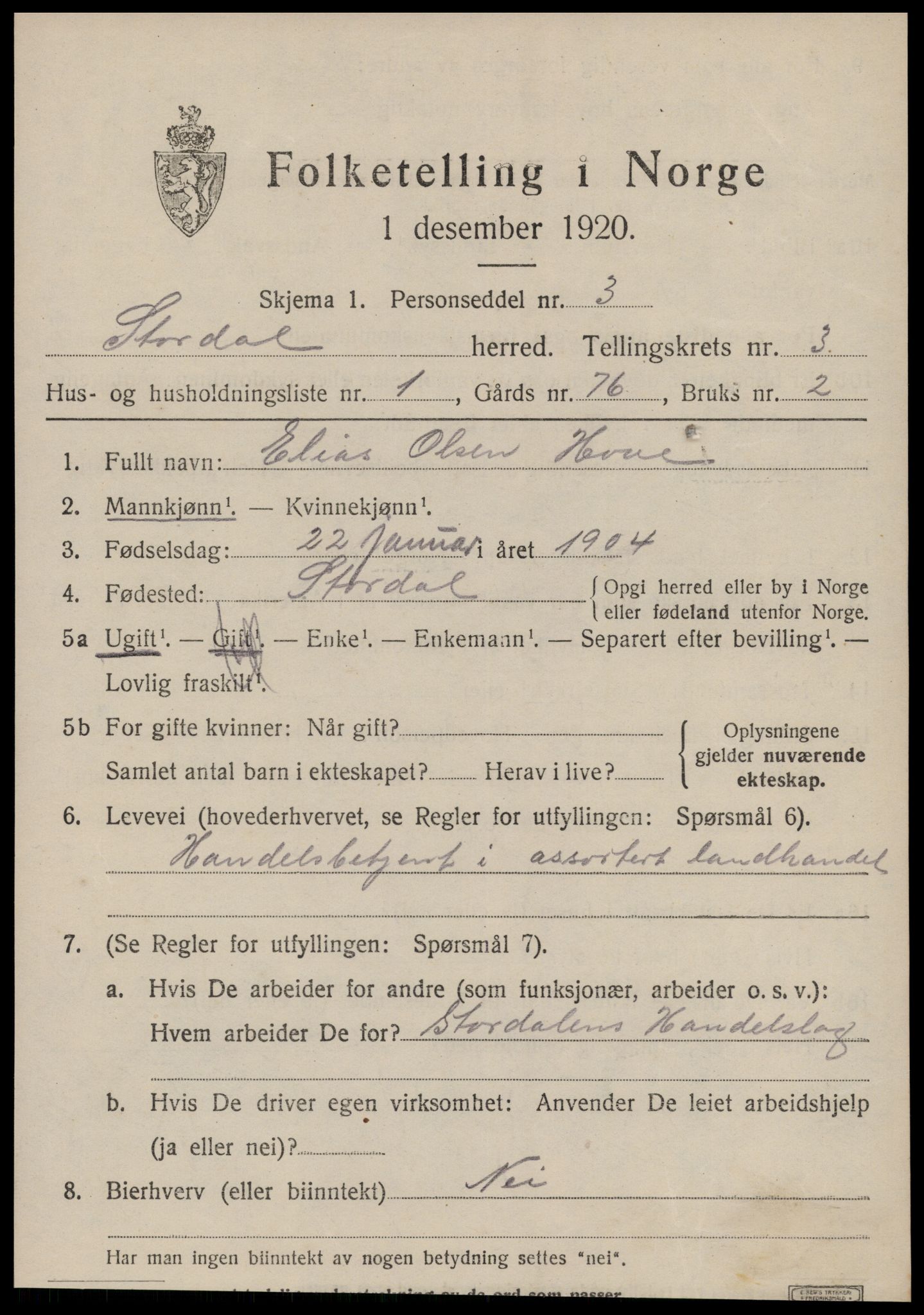 SAT, 1920 census for Stordal, 1920, p. 842