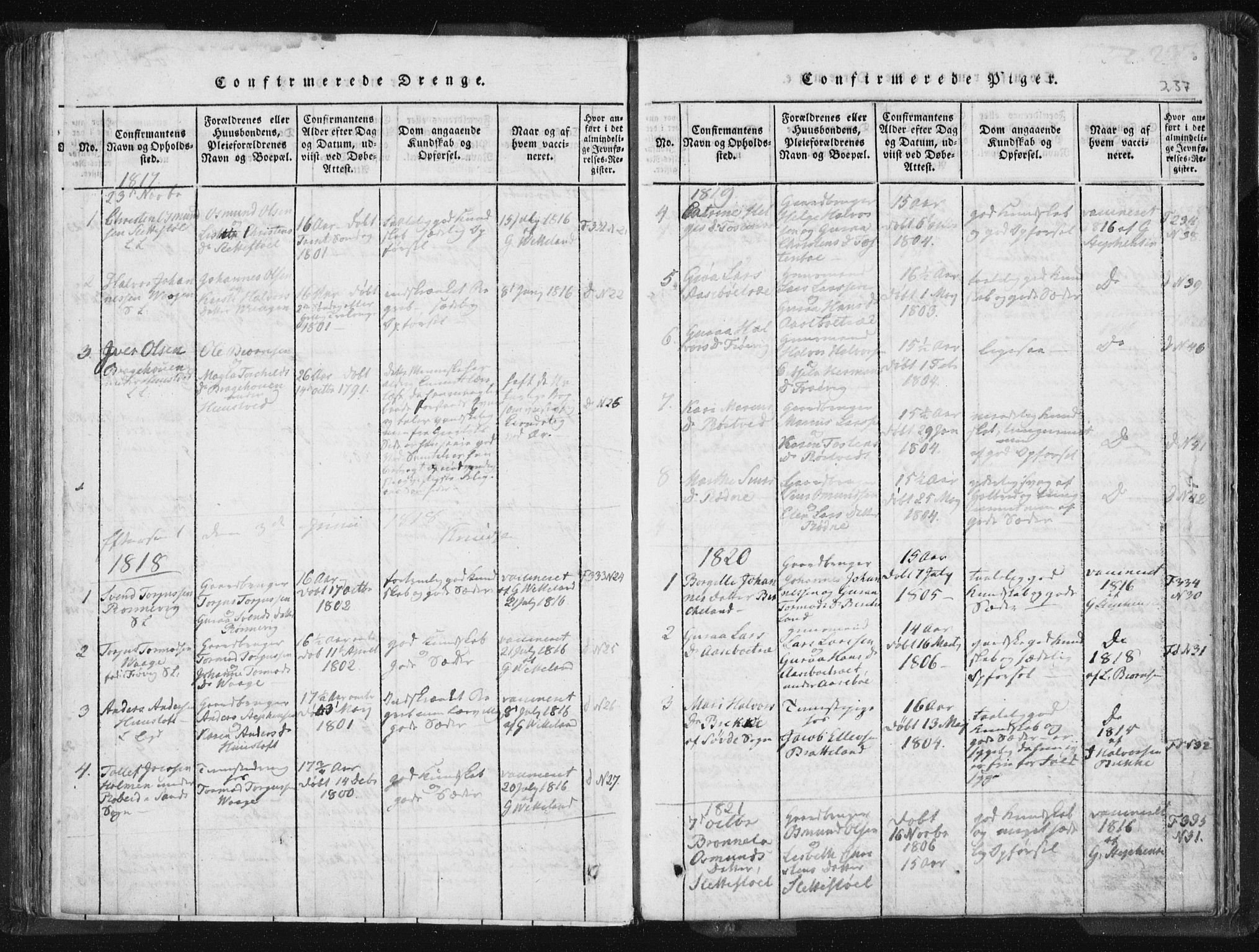 Vikedal sokneprestkontor, SAST/A-101840/01/IV: Parish register (official) no. A 5, 1817-1850, p. 237