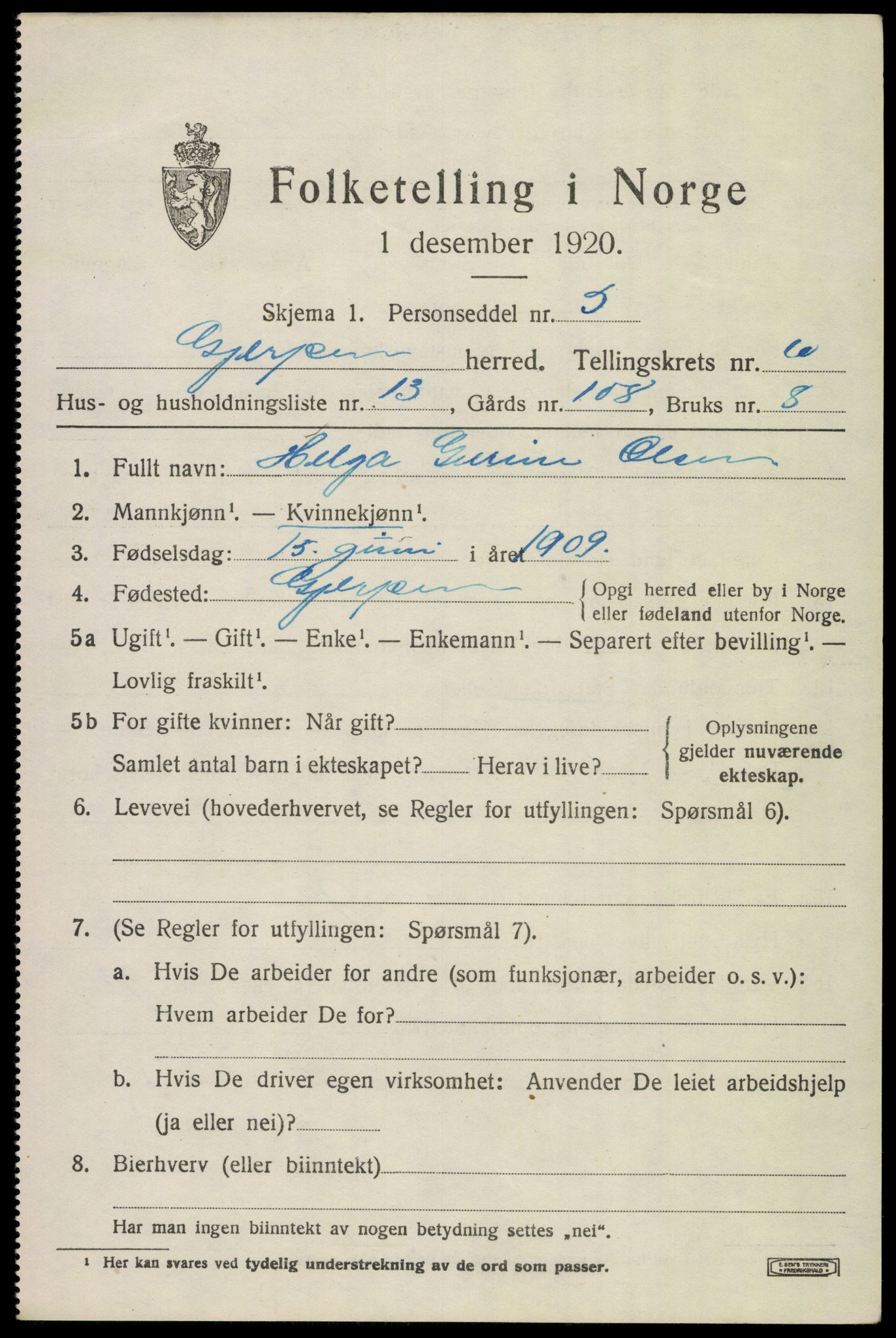 SAKO, 1920 census for Gjerpen, 1920, p. 11604