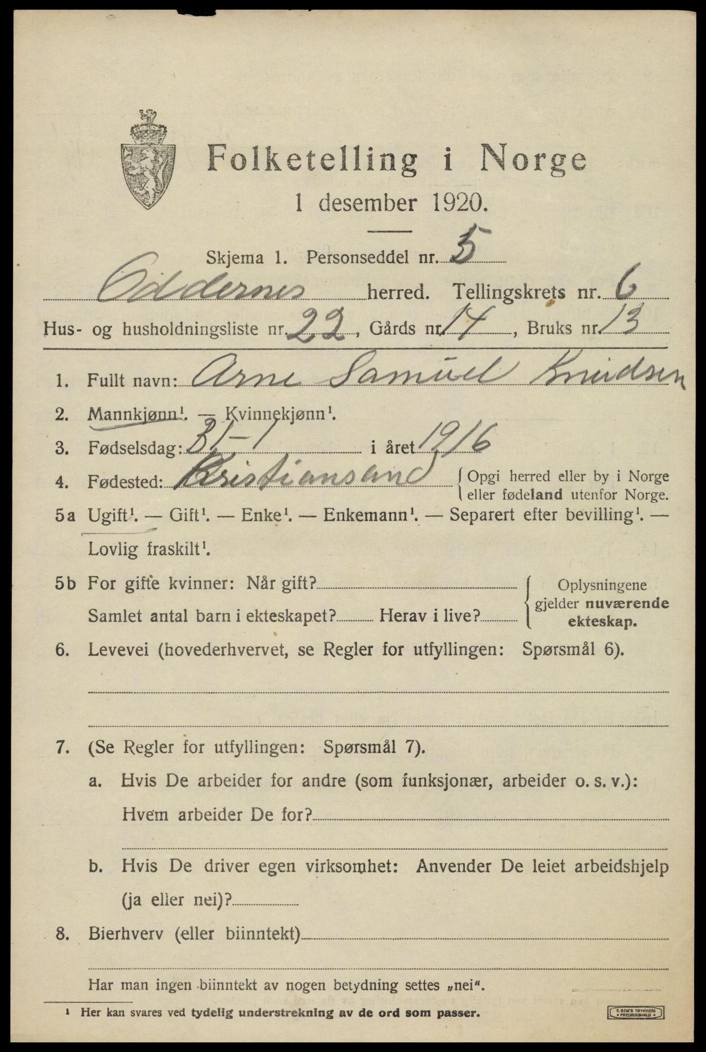 SAK, 1920 census for Oddernes, 1920, p. 5157